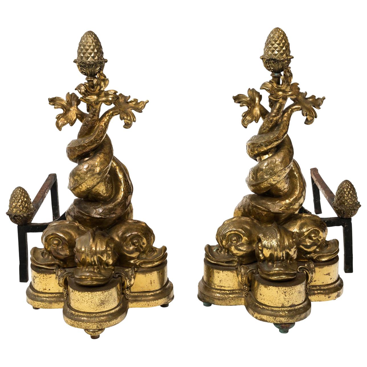 Polished Brass Dolphin Andirons
