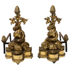 Polished Brass Dolphin Andirons