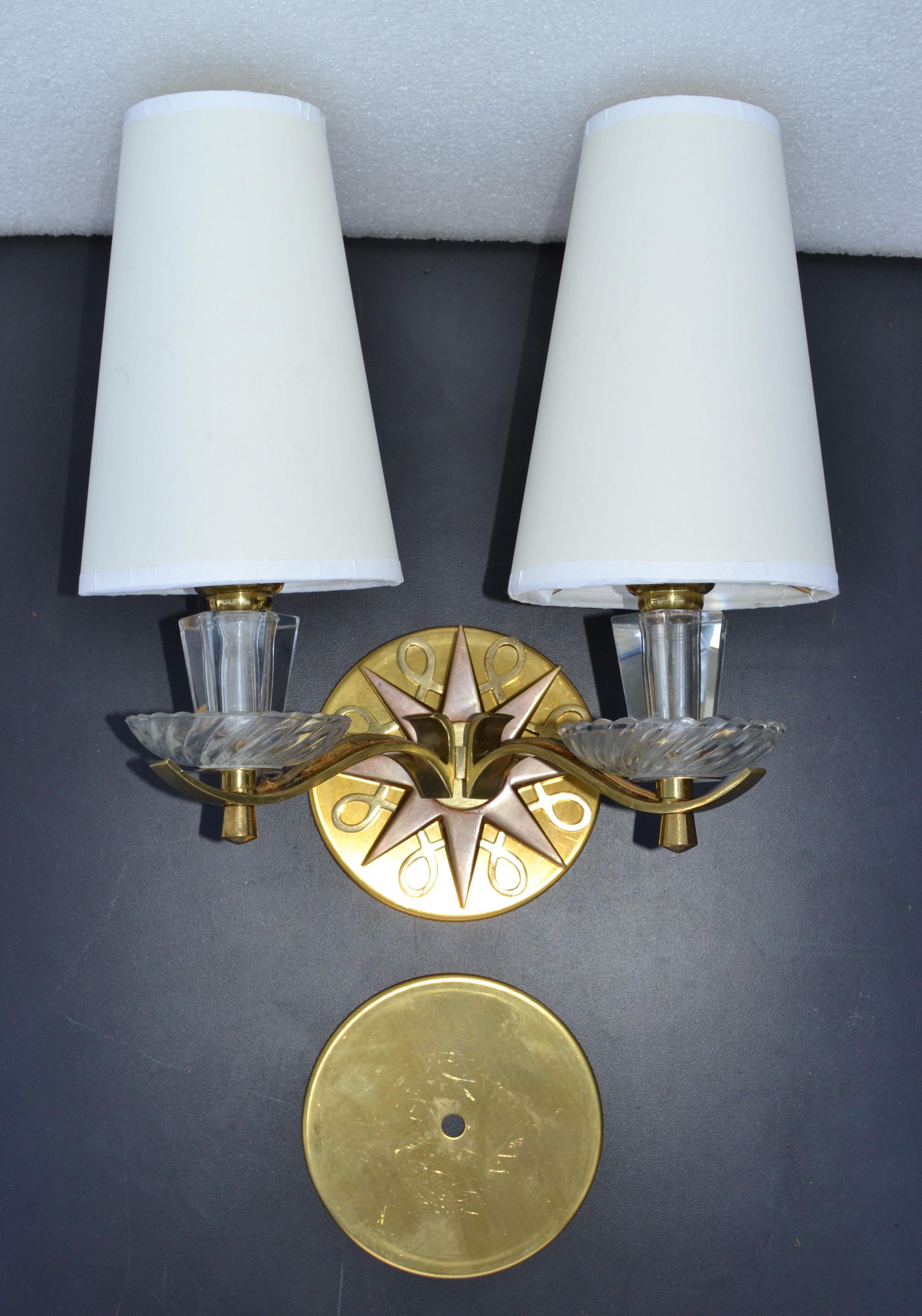 Polished Brass & Faceted Glass French Sconces in the Style of Jules Leleu, Pair For Sale 5