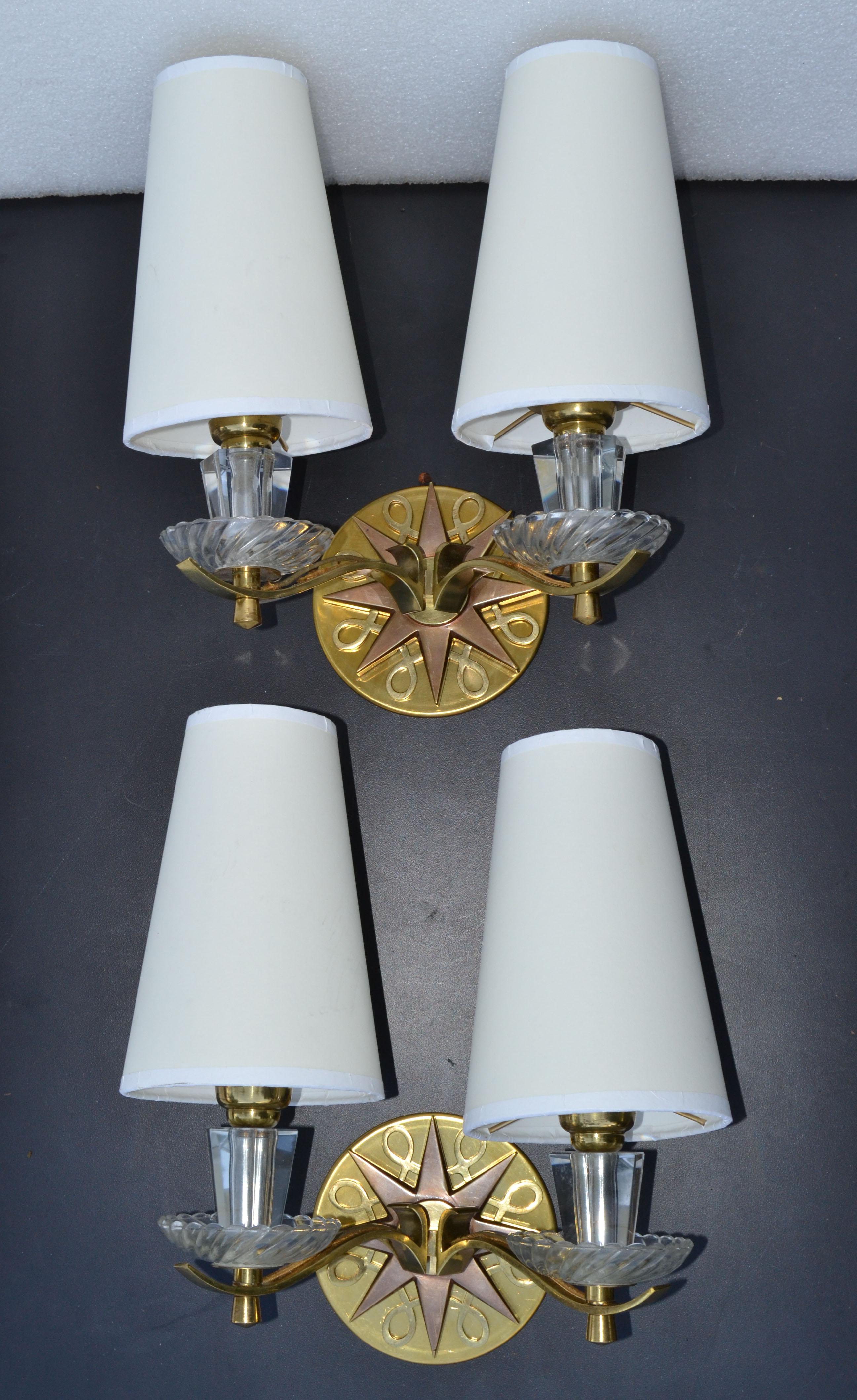 Polished Brass & Faceted Glass French Sconces in the Style of Jules Leleu, Pair For Sale 7