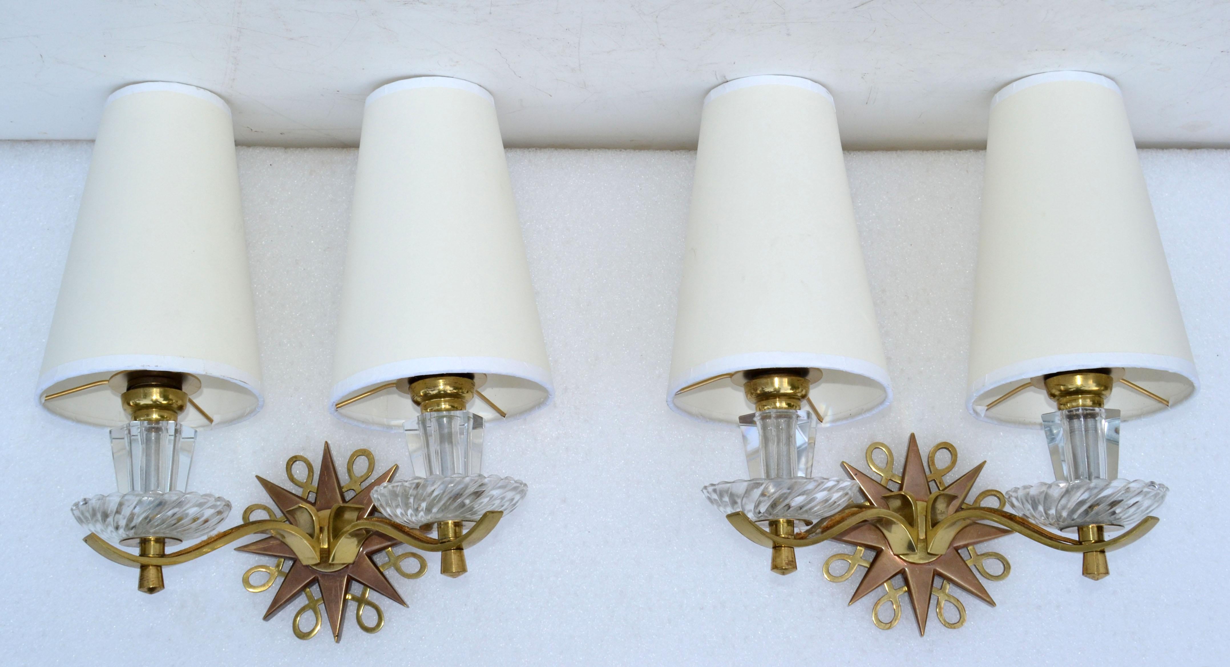 Polished Brass & Faceted Glass French Sconces in the Style of Jules Leleu, Pair For Sale 7