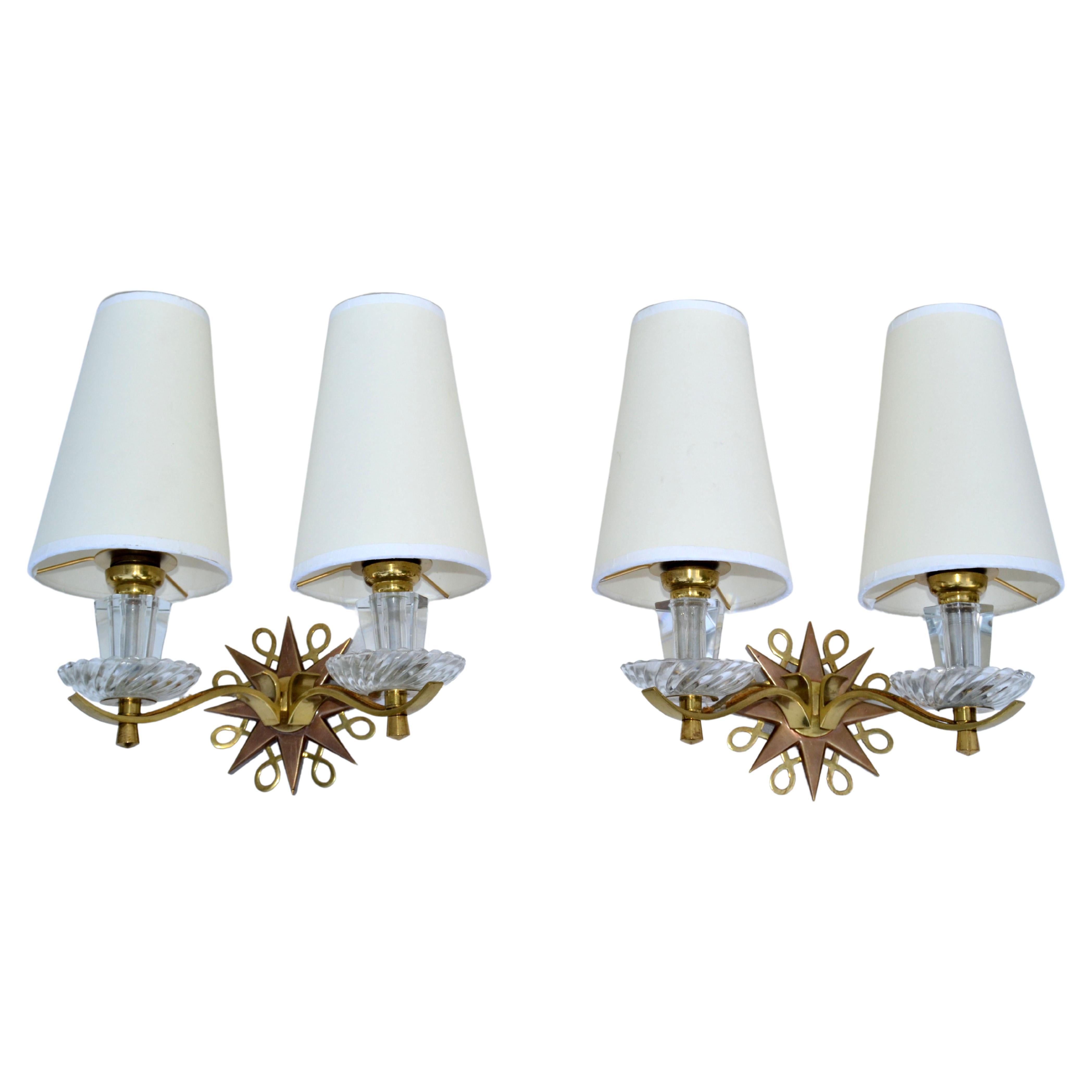Polished Brass & Faceted Glass French Sconces in the Style of Jules Leleu, Pair For Sale 9