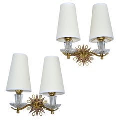 Polished Brass & Faceted Glass French Sconces in the Style of Jules Leleu, Pair