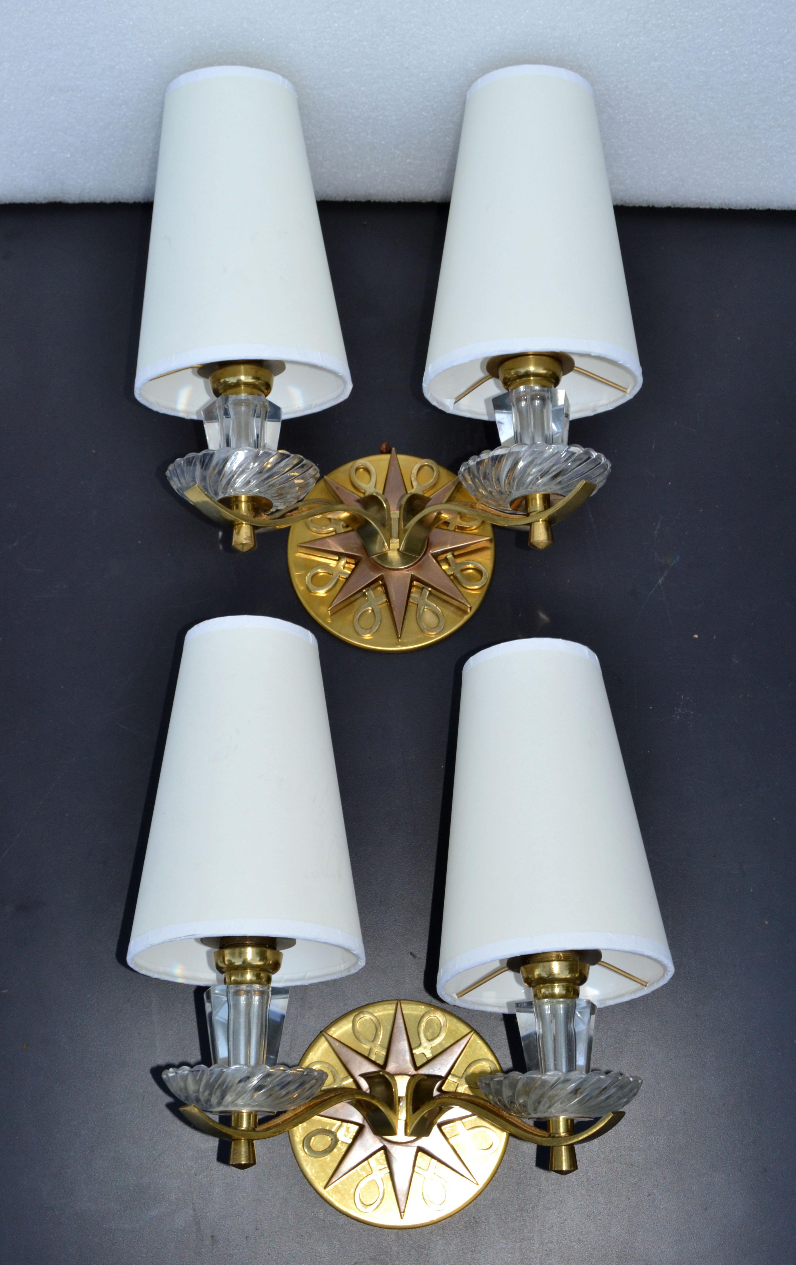 Mid-Century Modern Polished Brass & Faceted Glass French Sconces in the Style of Jules Leleu, Pair For Sale