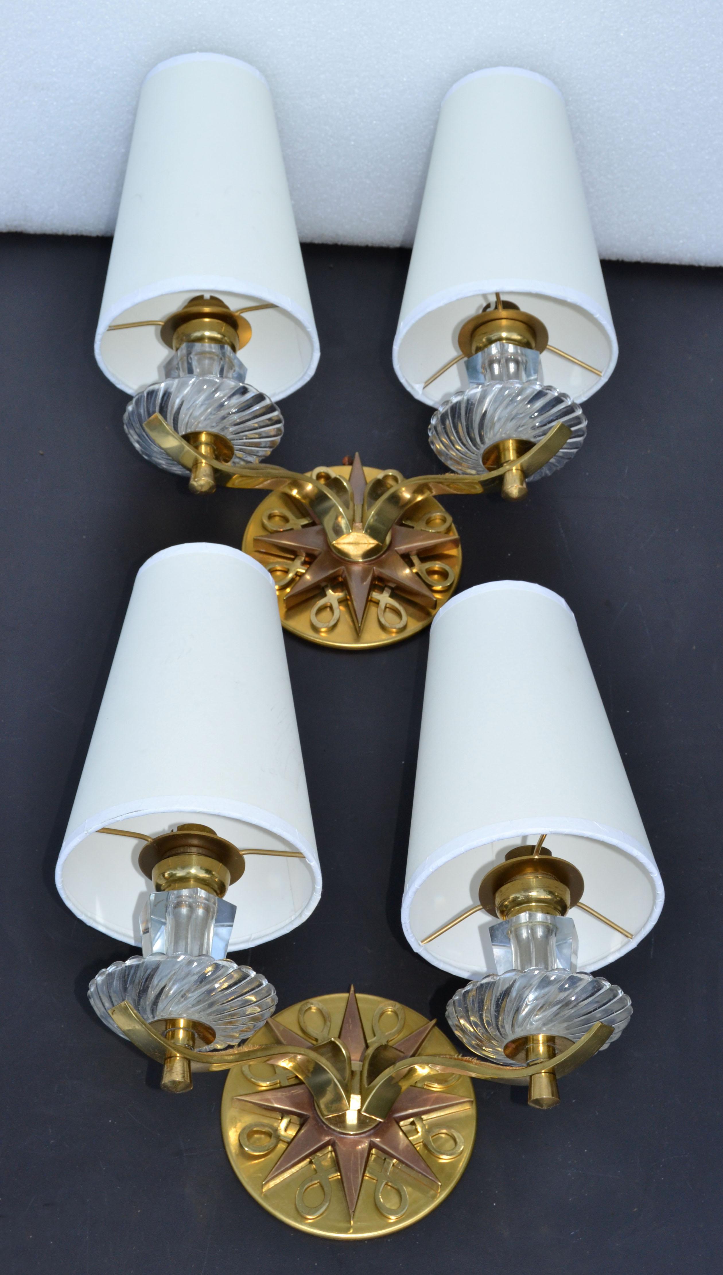 Polished Brass & Faceted Glass French Sconces in the Style of Jules Leleu, Pair In Good Condition For Sale In Miami, FL