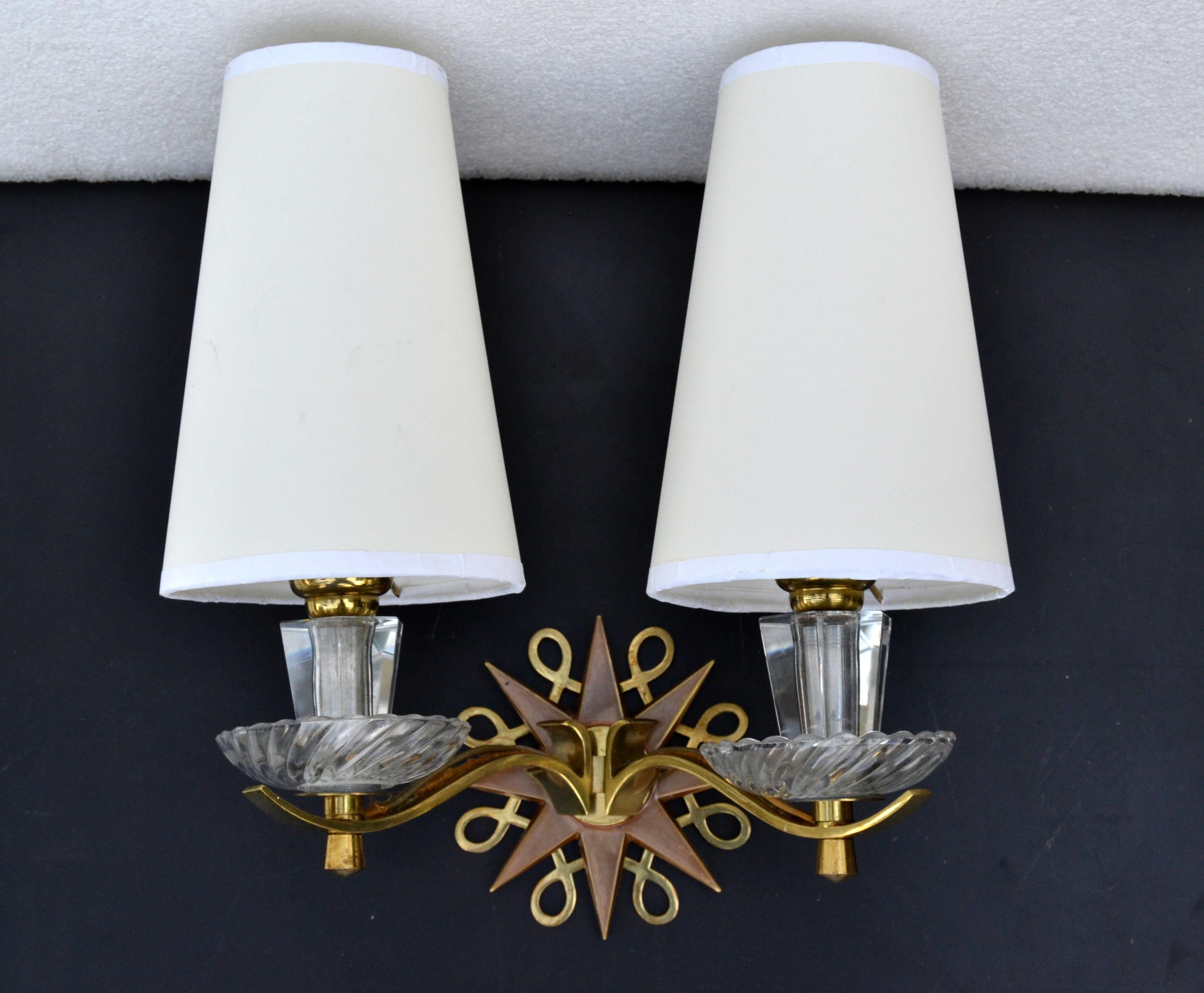 Mid-20th Century Polished Brass & Faceted Glass French Sconces in the Style of Jules Leleu, Pair For Sale