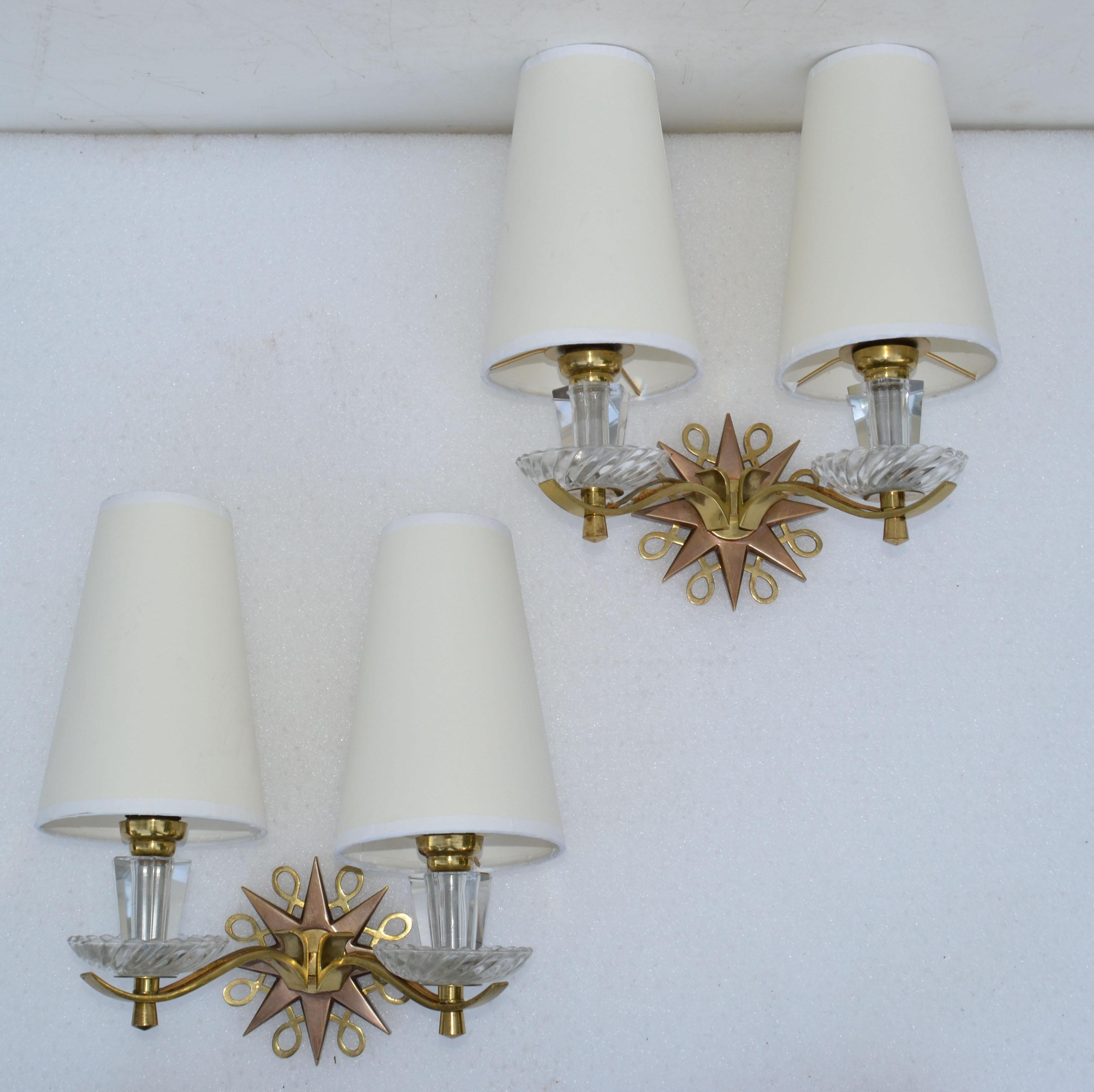 Bronze Polished Brass & Faceted Glass French Sconces in the Style of Jules Leleu, Pair For Sale