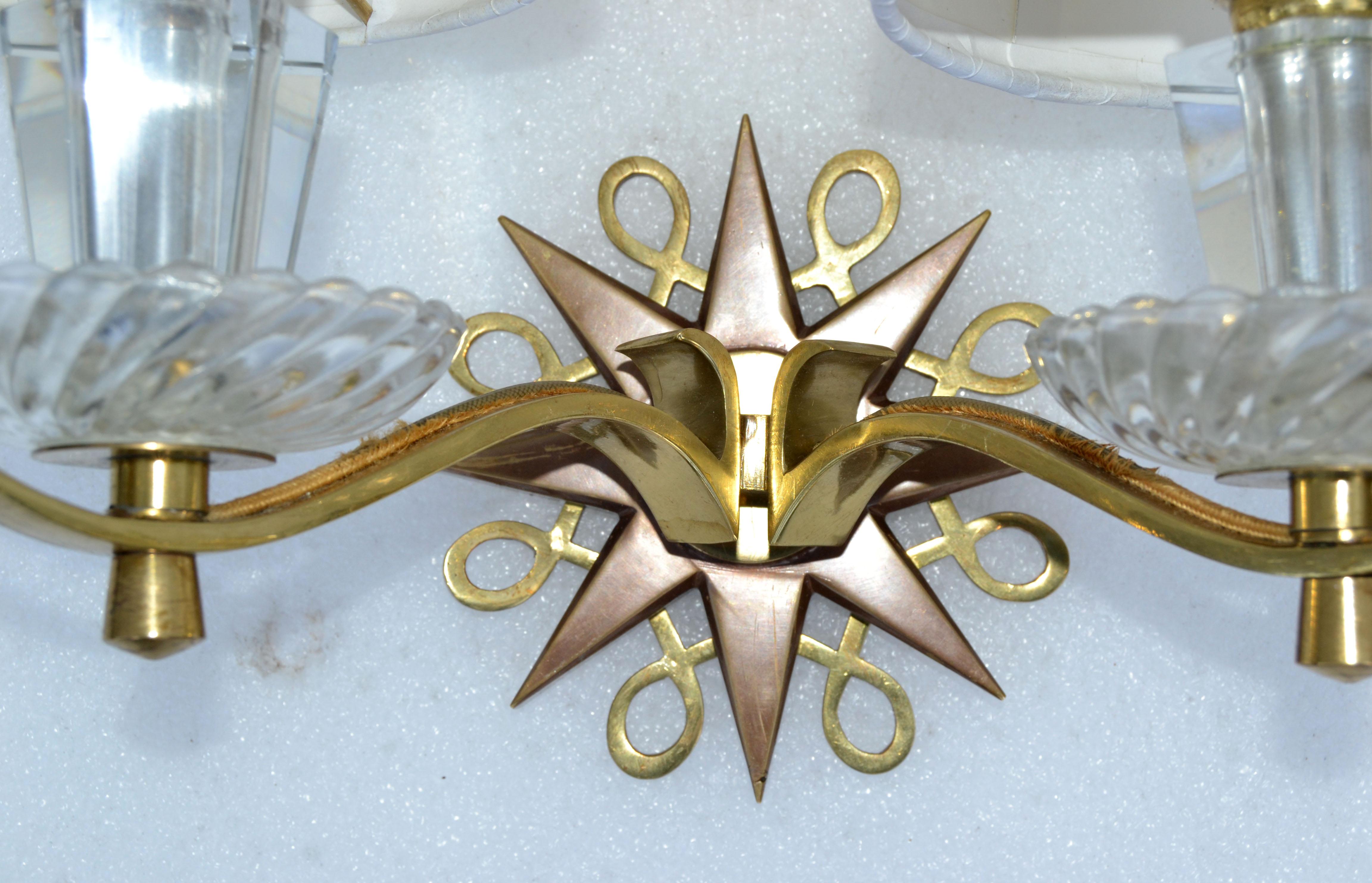 Polished Brass & Faceted Glass French Sconces in the Style of Jules Leleu, Pair For Sale 1
