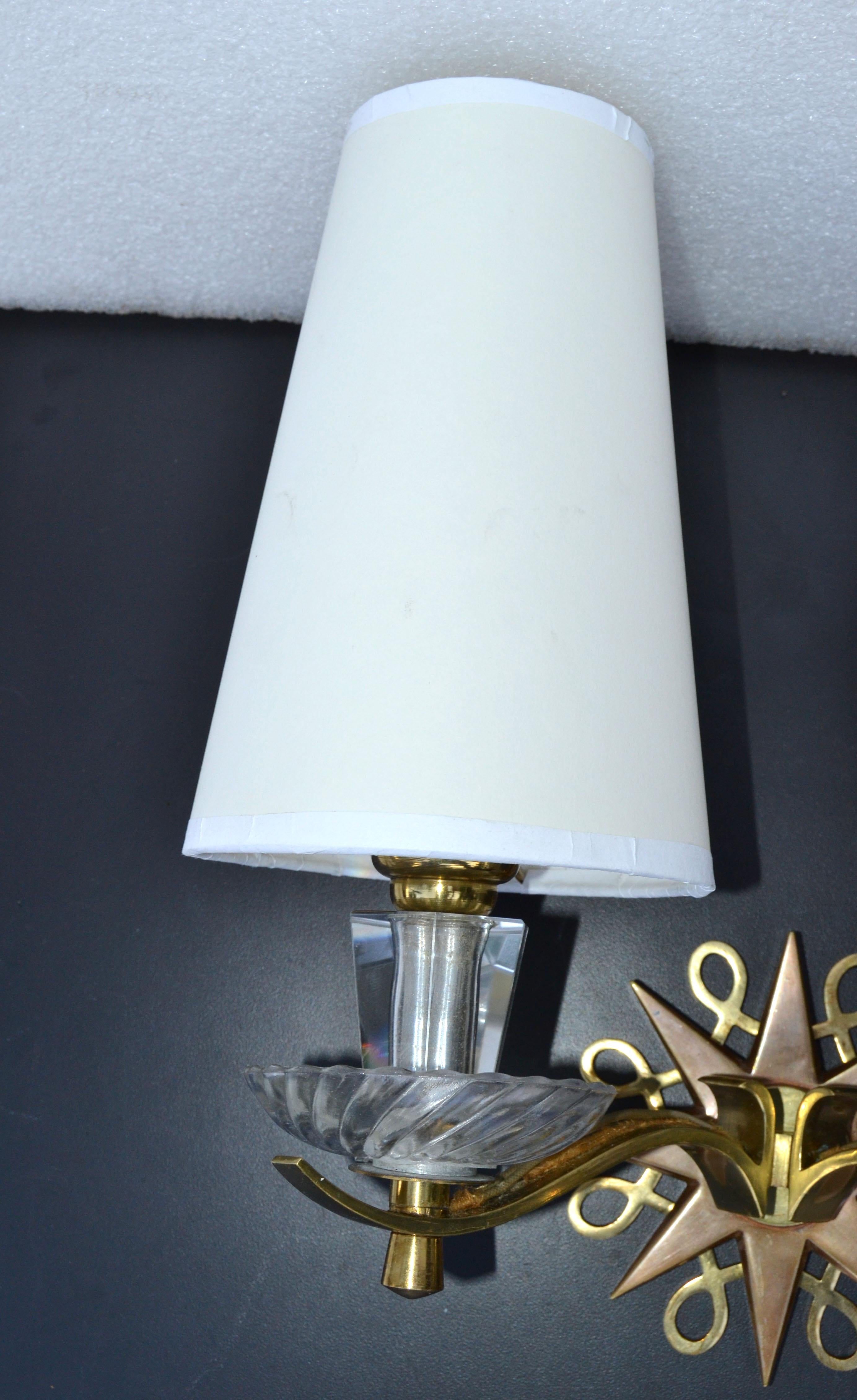 Polished Brass & Faceted Glass French Sconces in the Style of Jules Leleu, Pair For Sale 4