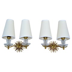 Polished Brass & Faceted Glass French Sconces in the Style of Jules Leleu, Pair