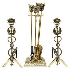 Polished Brass Fireplace Tools and Matching Andirons, Set of 6 Pieces