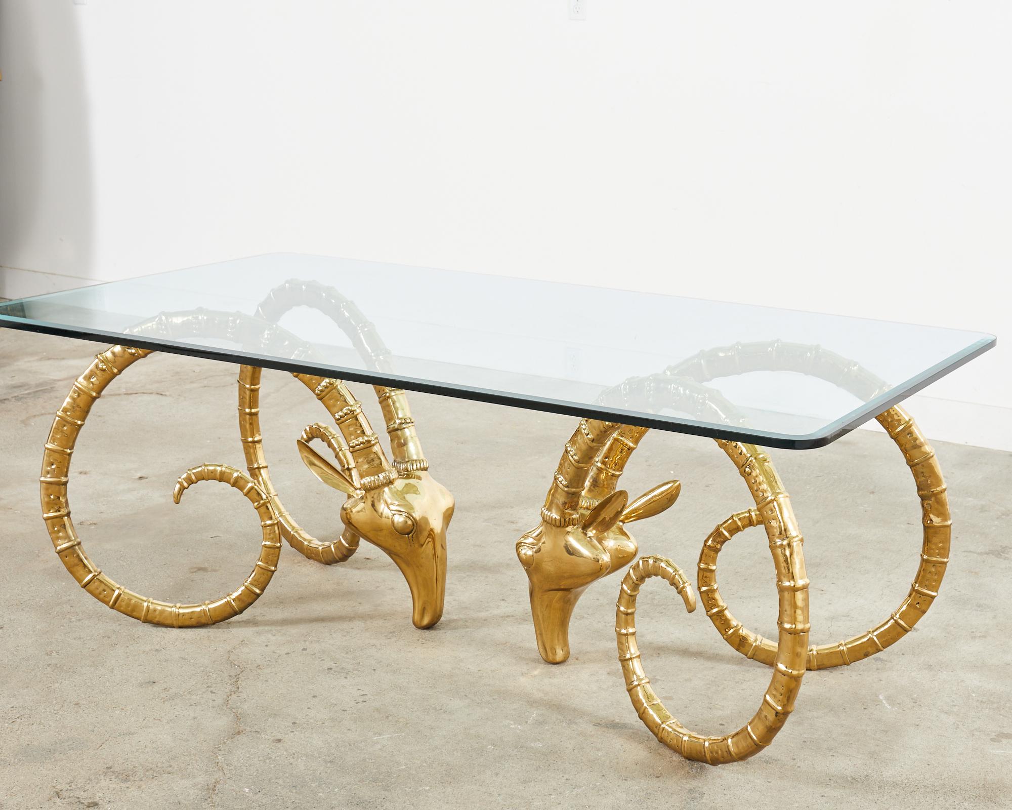Polished Brass Ibex Rams Head Hollywood Regency Dining Table  In Good Condition For Sale In Rio Vista, CA