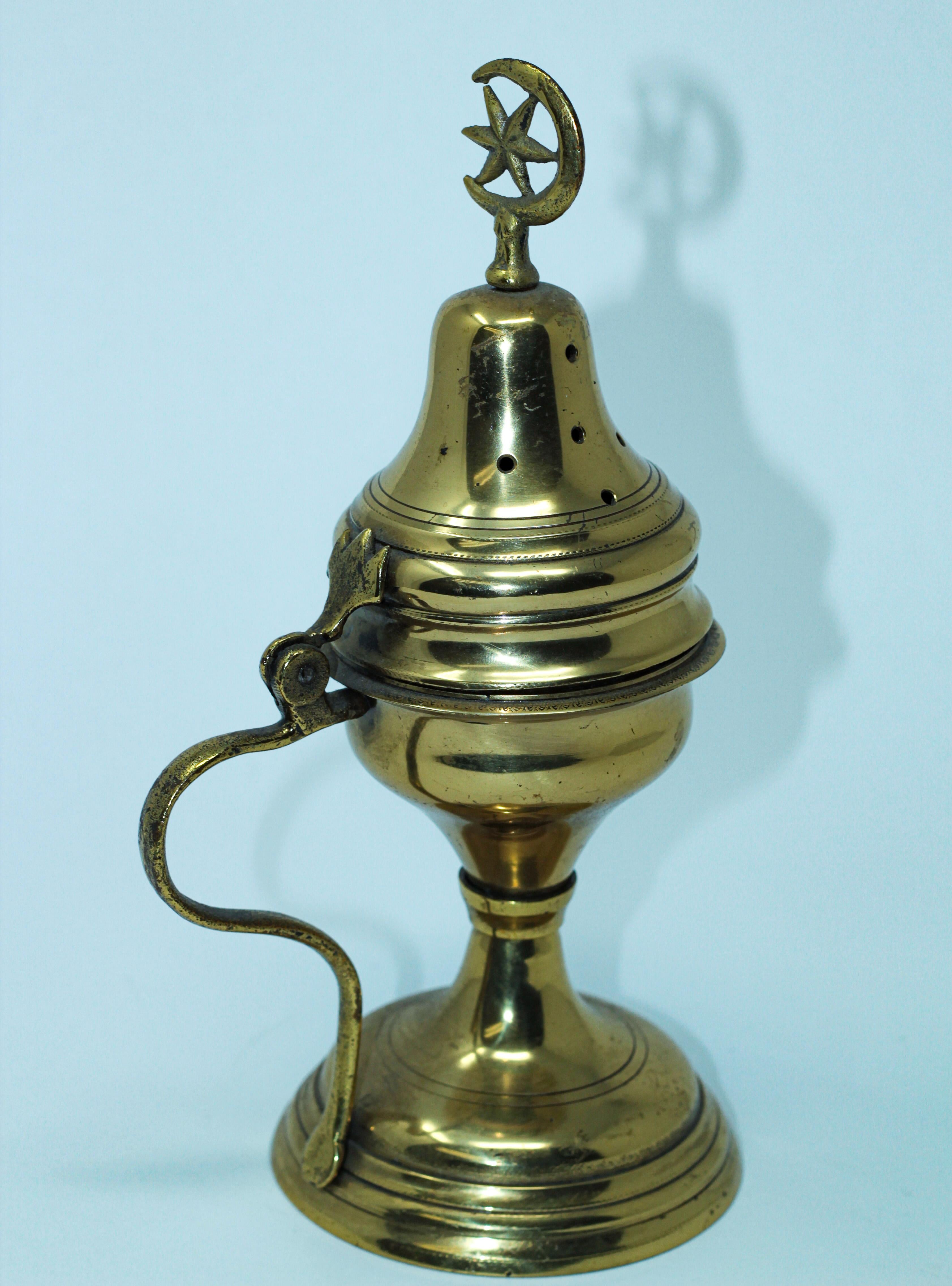 20th Century Polished Brass Incense Burner with Crescent Moon and Star Symbol
