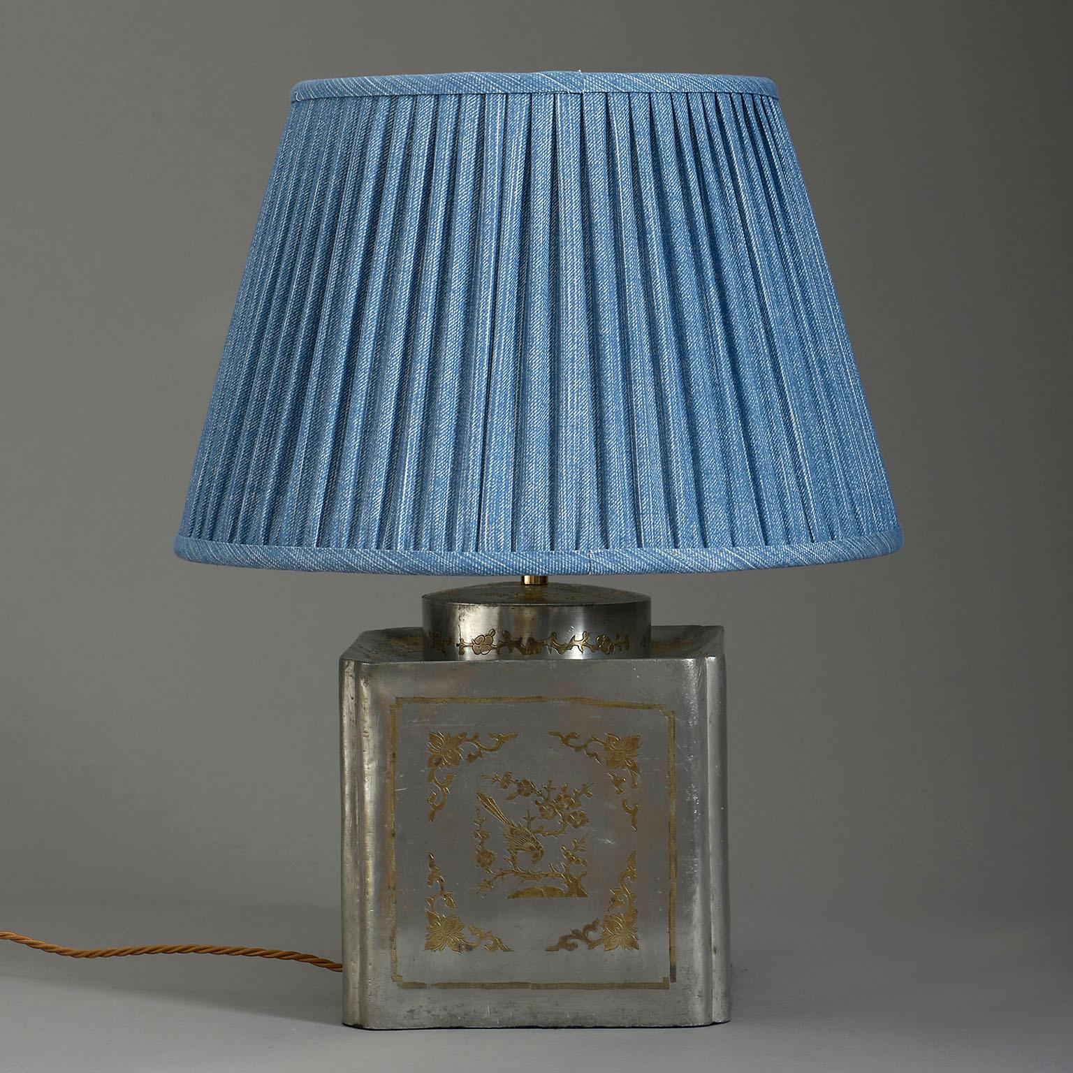 Polished Brass Inlaid Pewter Tea Canister Lamp For Sale at 1stDibs