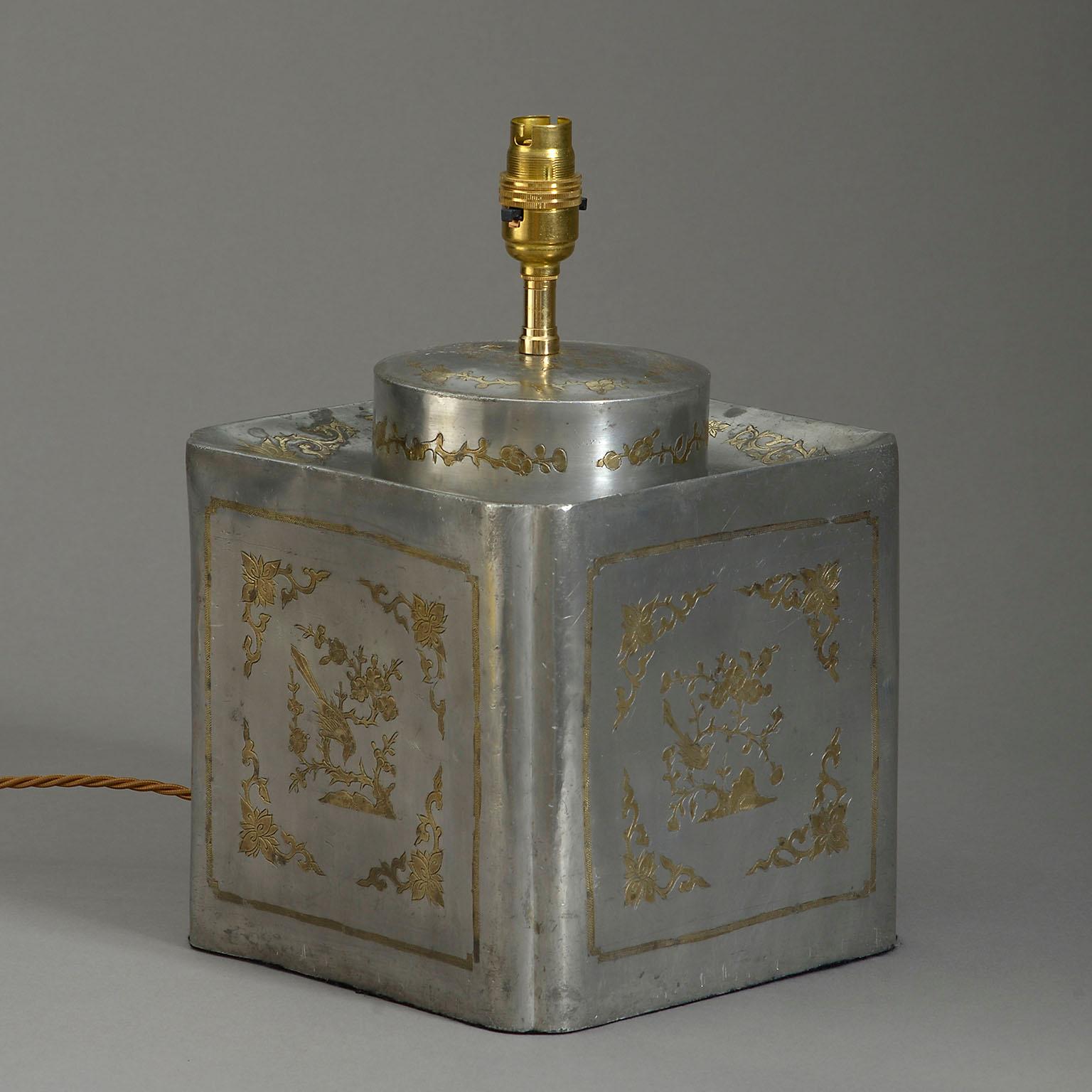 Chinese Export Polished Brass Inlaid Pewter Tea Canister Lamp