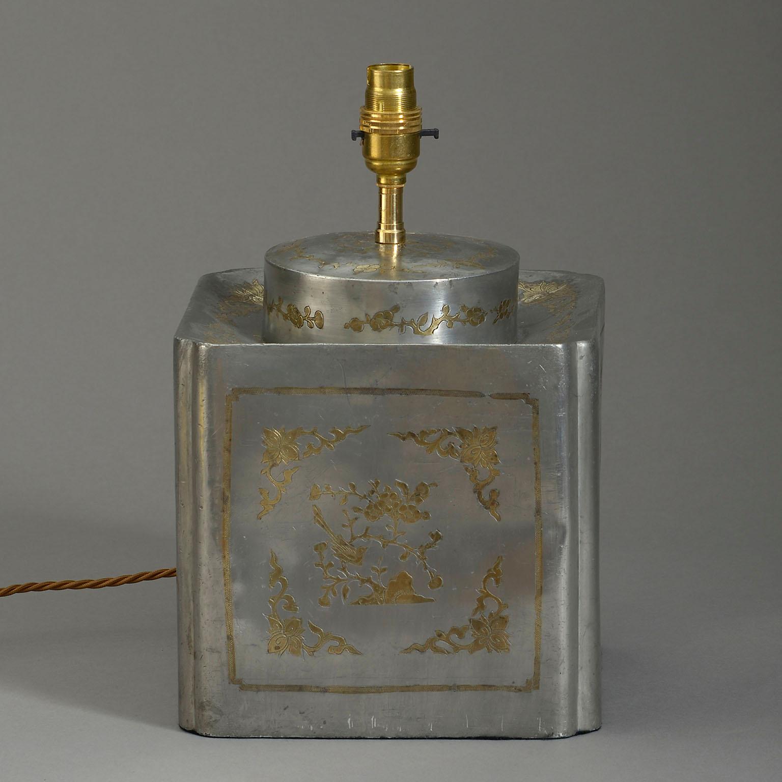 Chinese Polished Brass Inlaid Pewter Tea Canister Lamp