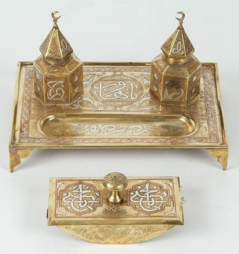 Early 20th century desk set, rare and great quality Mamluk Cairoware style, silver and copper inlaid brush and inkwell holder and ink blotter rocker, features a wood base with ornate top and knob finely handcrafted and overlay with three different