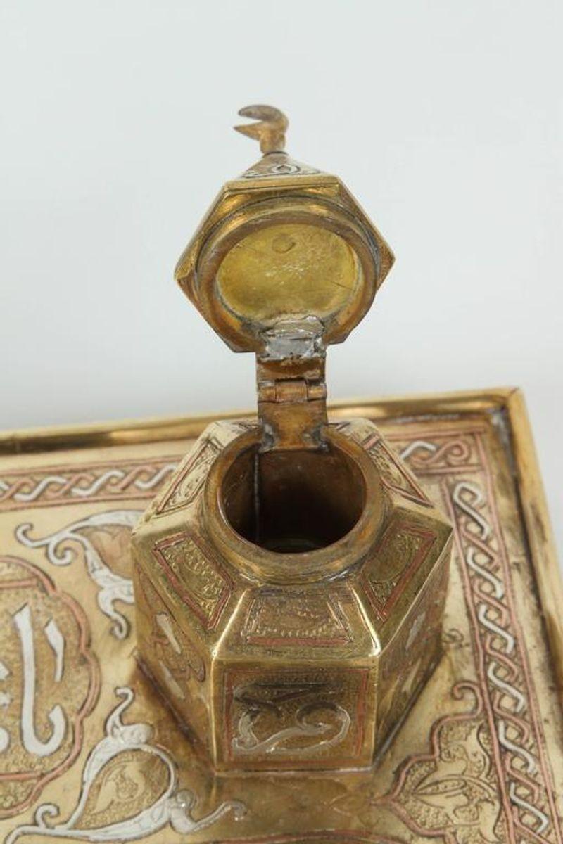 19th Century Polished Brass Islamic Moorish Style Desk Inkwells Set For Sale