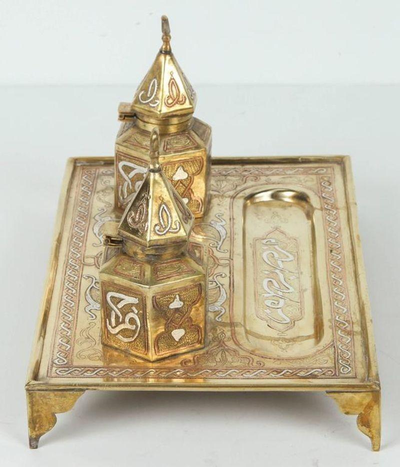 Polished Brass Islamic Moorish Style Desk Inkwells Set For Sale 1