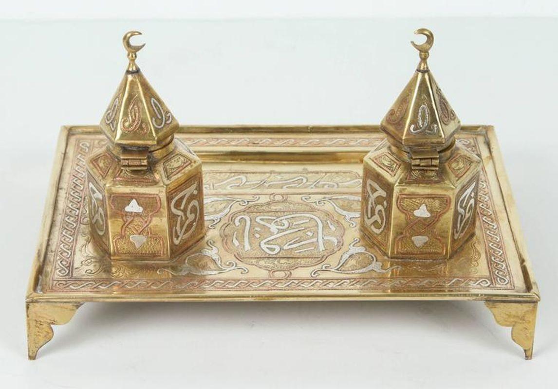 Polished Brass Islamic Moorish Style Desk Inkwells Set For Sale 2