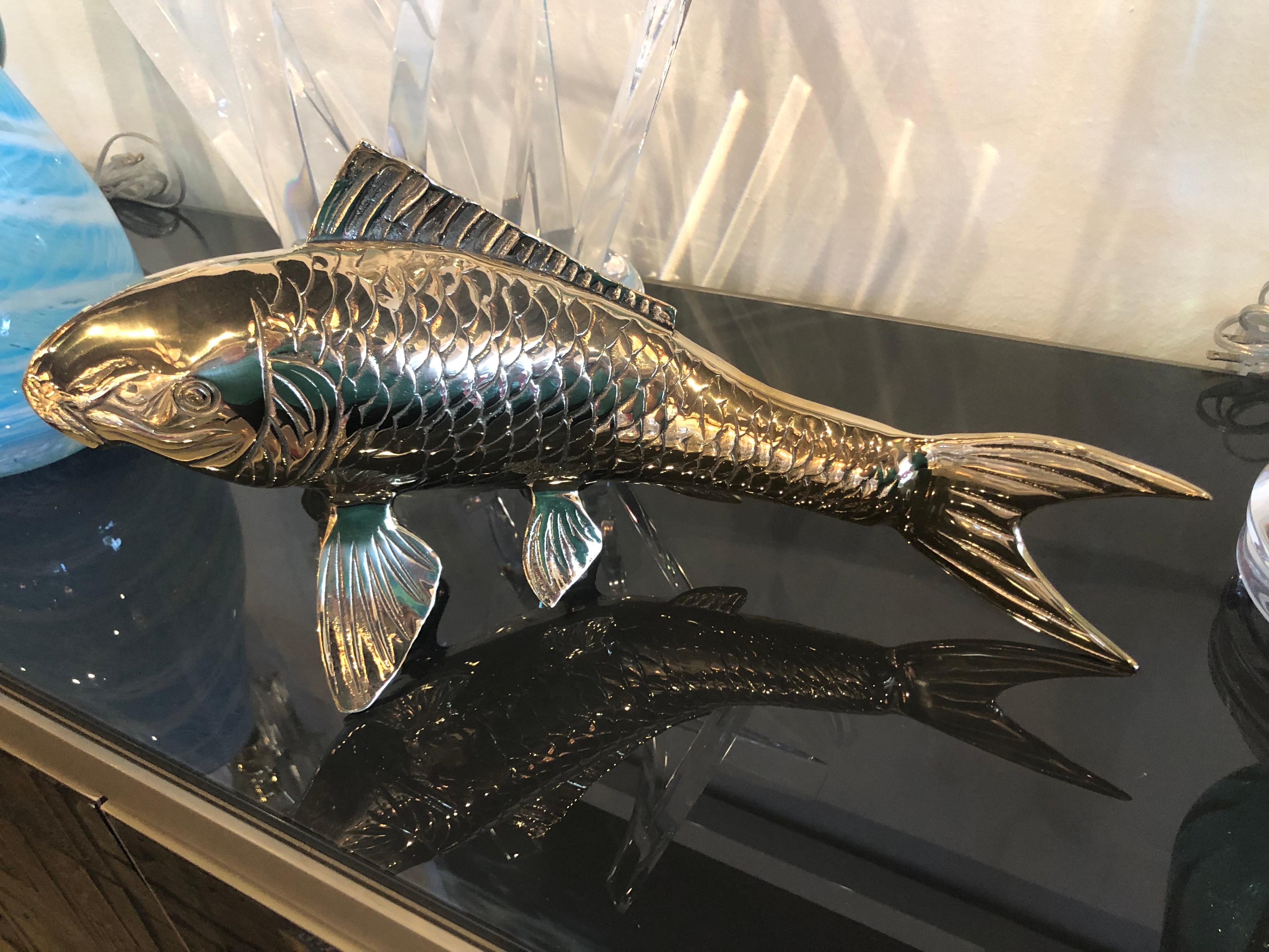 Vintage Hollywood Regency brass Koi fish statue. This has been professionally polished.
  