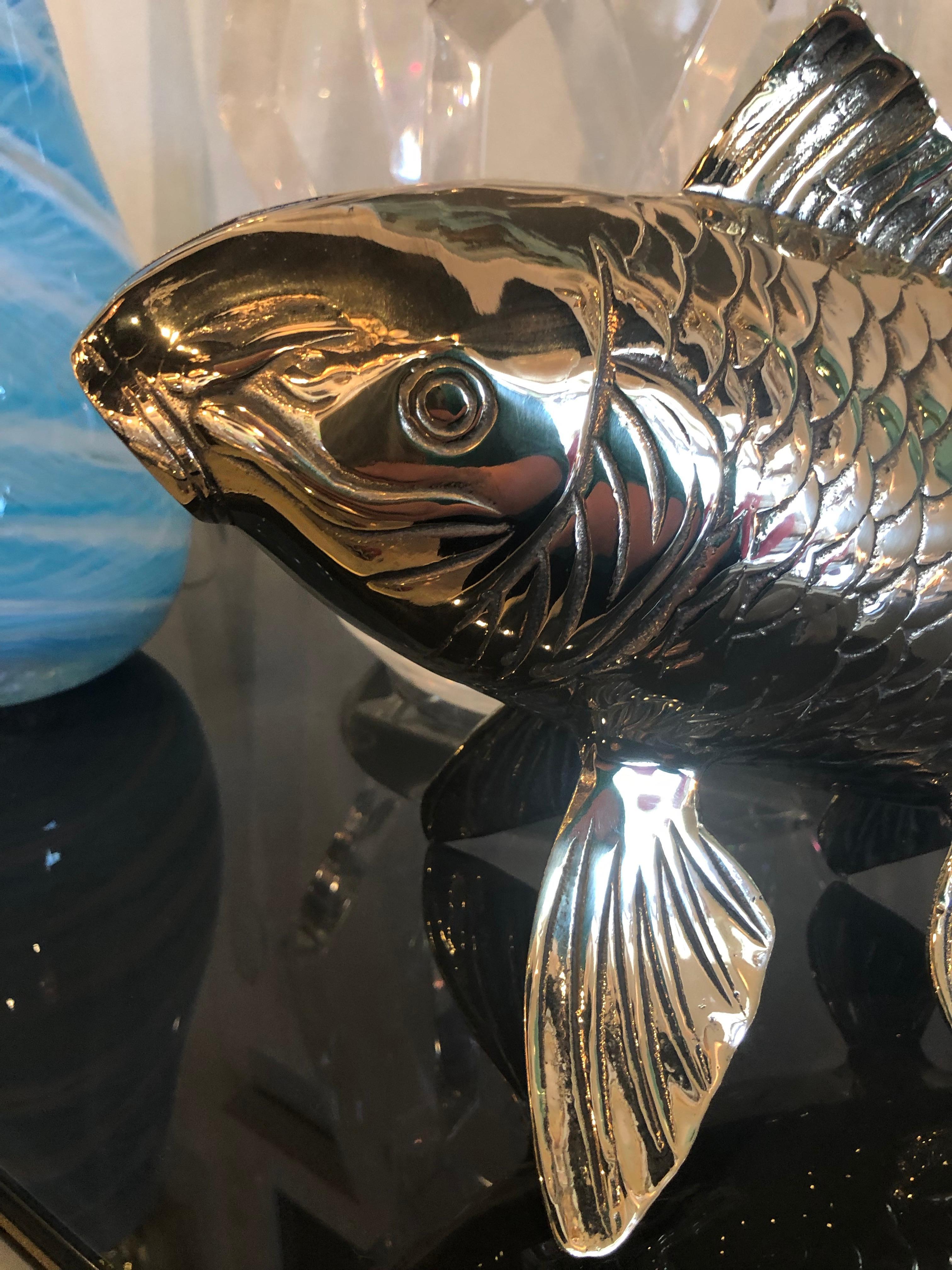 American Polished Brass Koi Fish Monumental Statue Vintage Hollywood Regency