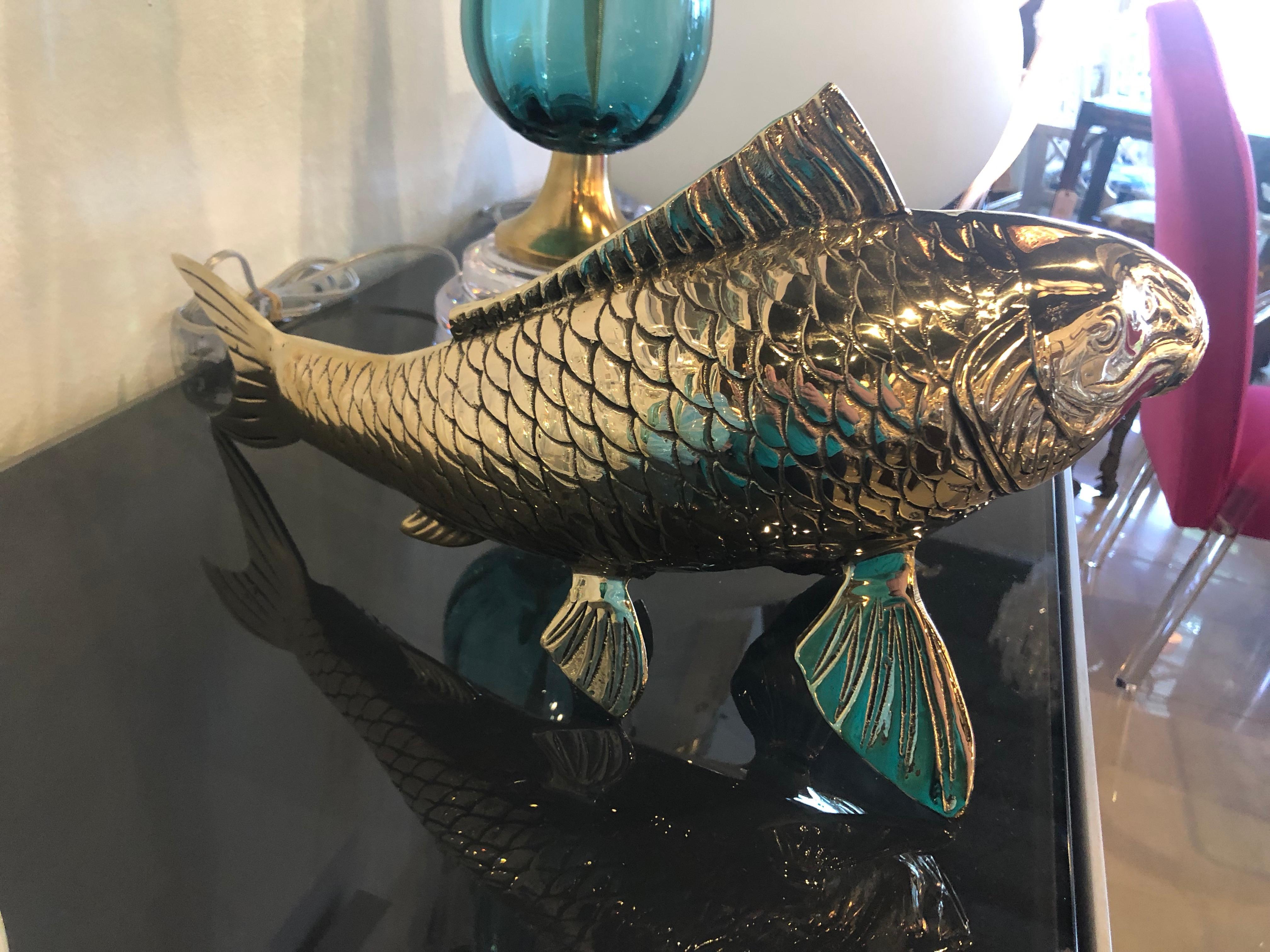 20th Century Polished Brass Koi Fish Monumental Statue Vintage Hollywood Regency
