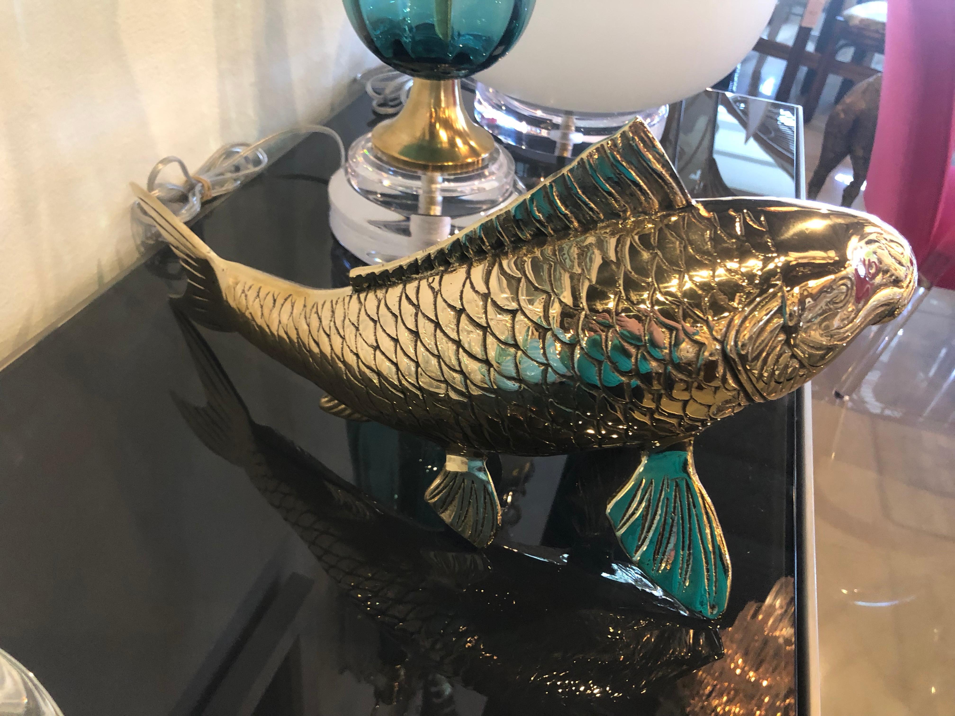 Polished Brass Koi Fish Monumental Statue Vintage Hollywood Regency 1
