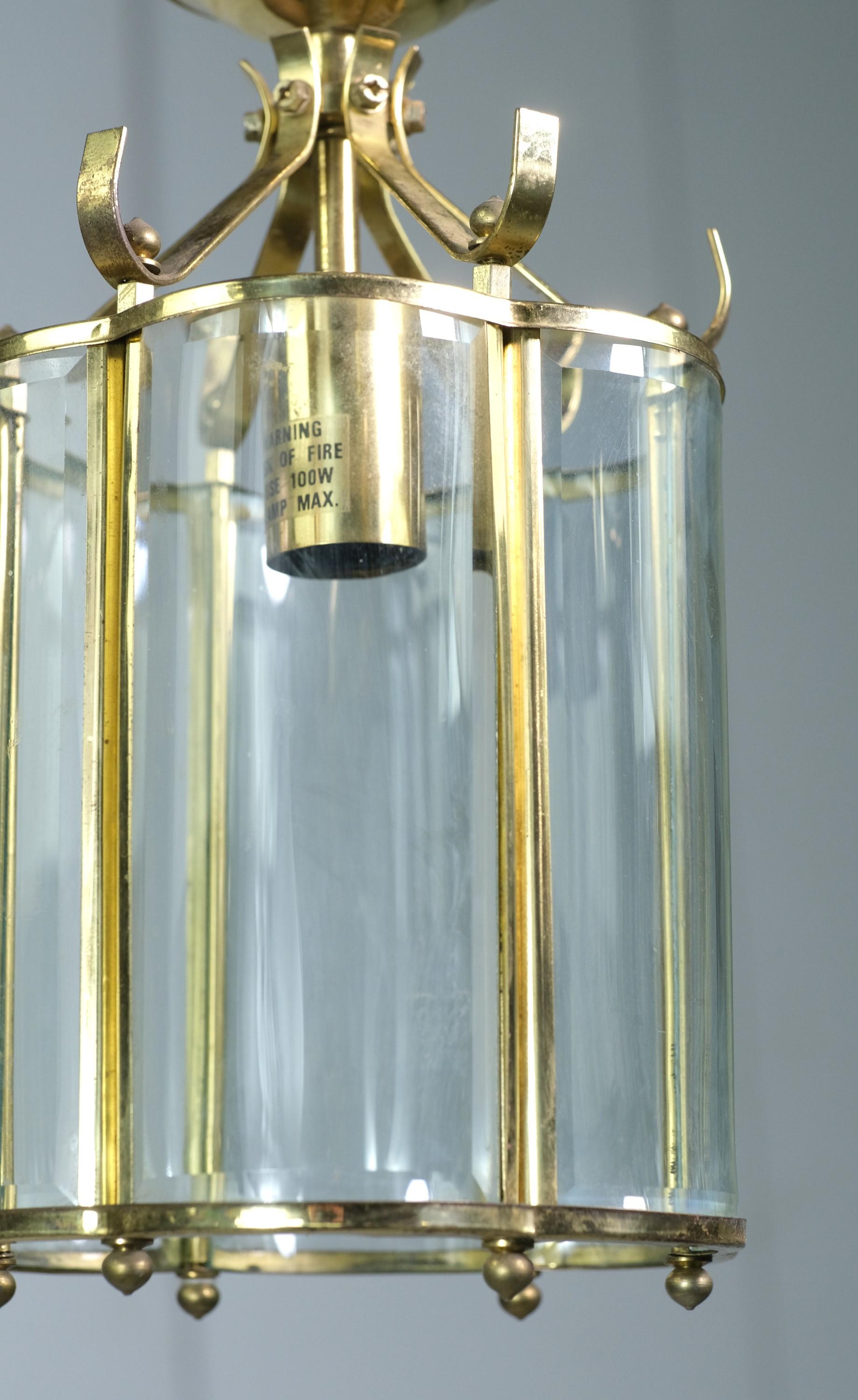 Polished Brass Lantern Pendant Light Beveled Glass Shades In Good Condition For Sale In New York, NY