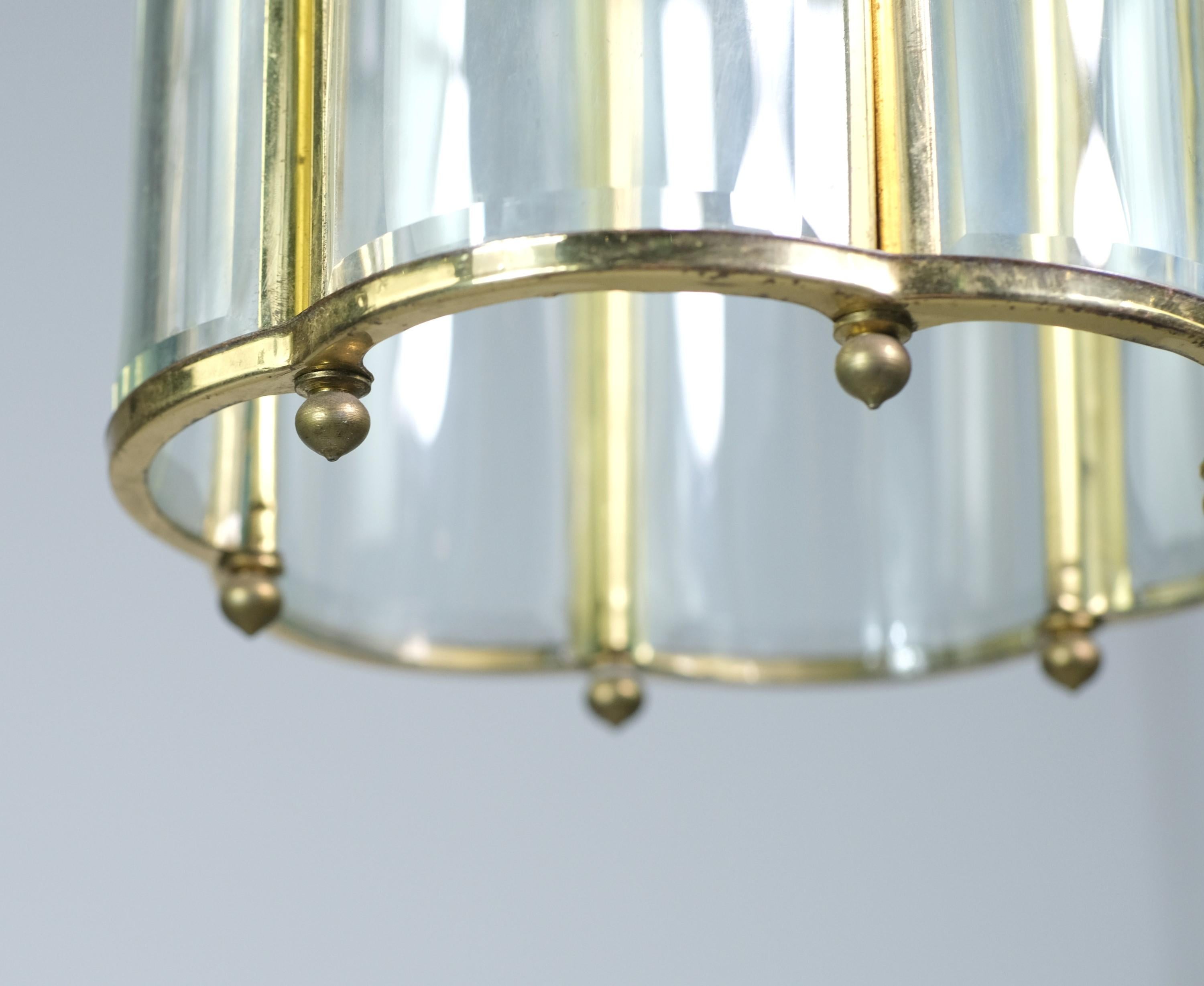 20th Century Polished Brass Lantern Pendant Light Beveled Glass Shades For Sale