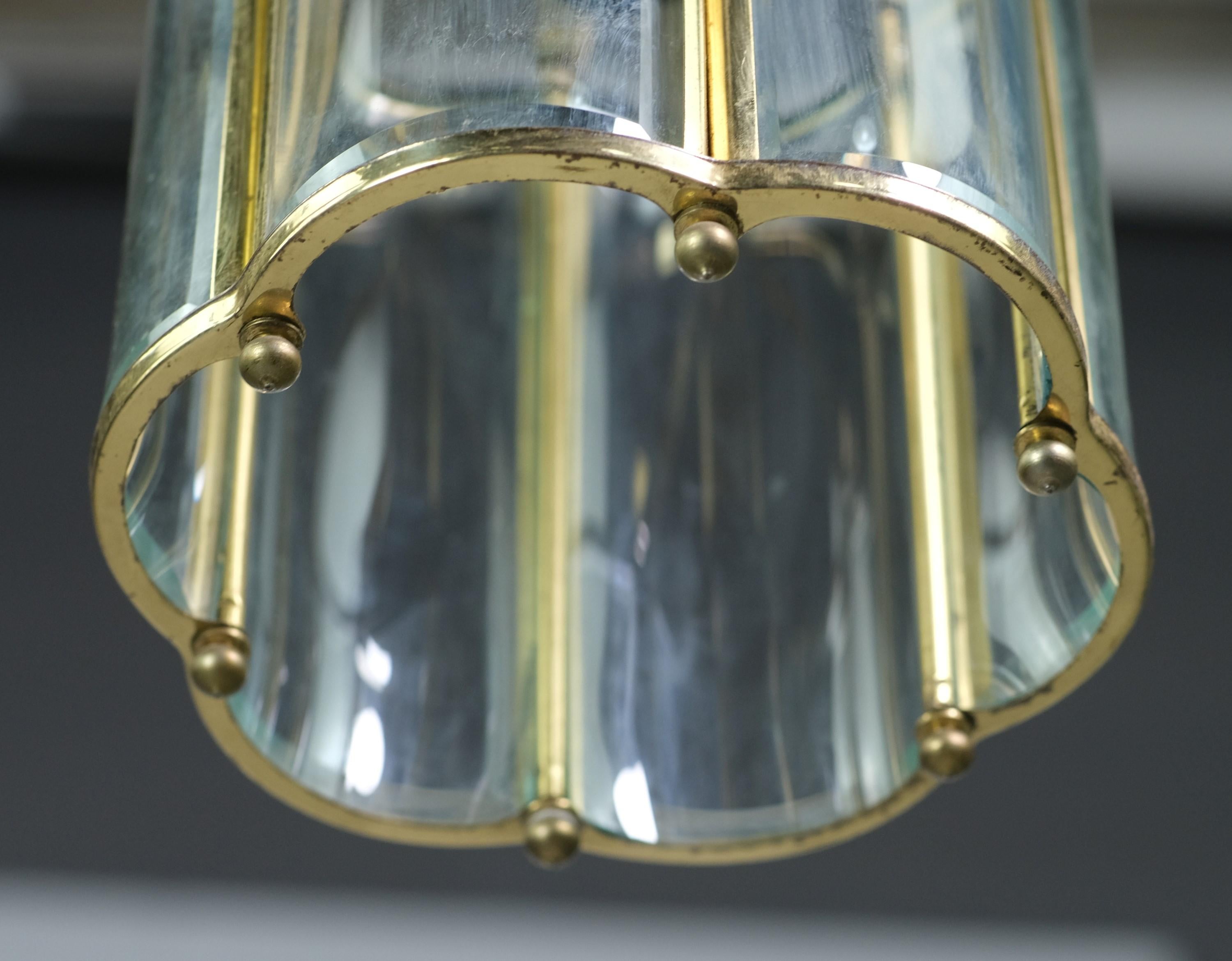 Polished Brass Lantern Pendant Light Beveled Glass Shades For Sale 1