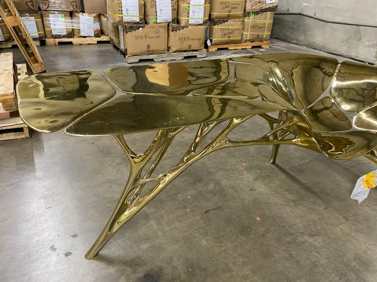 Chinese Polished Brass Lotus Console Table/Telephone Table/Entryway Table in Gold Color For Sale