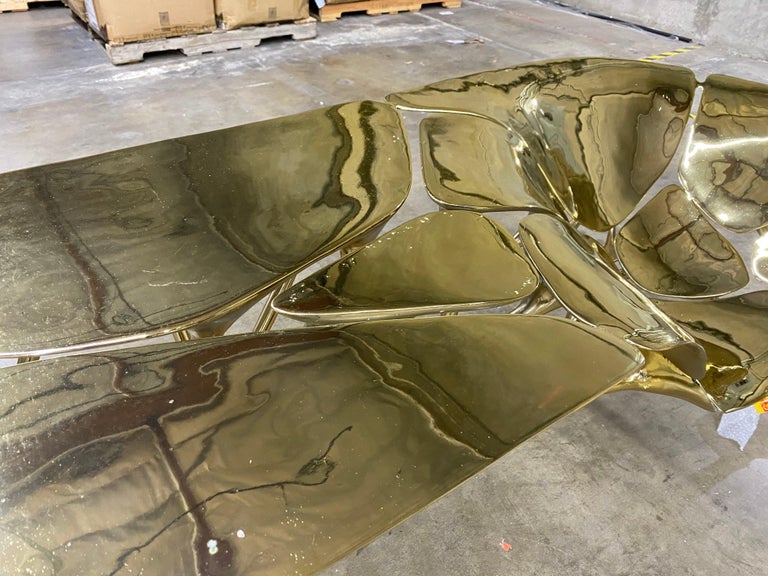 Polished Brass Lotus Console Table/Telephone Table/Entryway Table in Gold Color In Fair Condition For Sale In Beverly Hills, CA