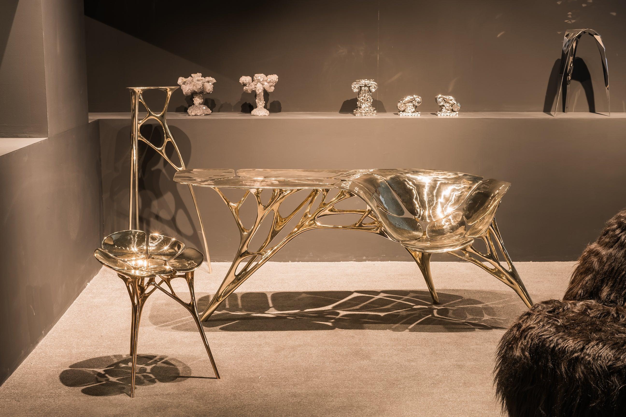 Bronze Polished Brass Lotus Console Table/Telephone Table/Entryway Table in Gold Color For Sale