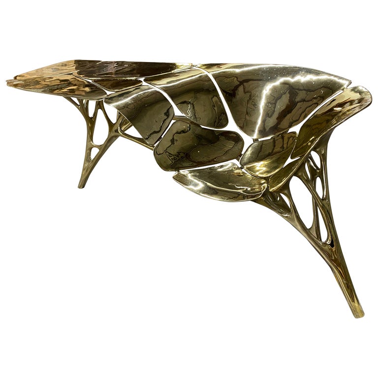 Polished Brass Lotus Console Table/Telephone Table/Entryway Table in Gold Color For Sale
