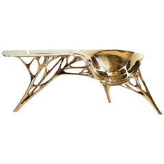 Polished Brass Lotus Console Table/Telephone Table/Entryway Table in Gold Color