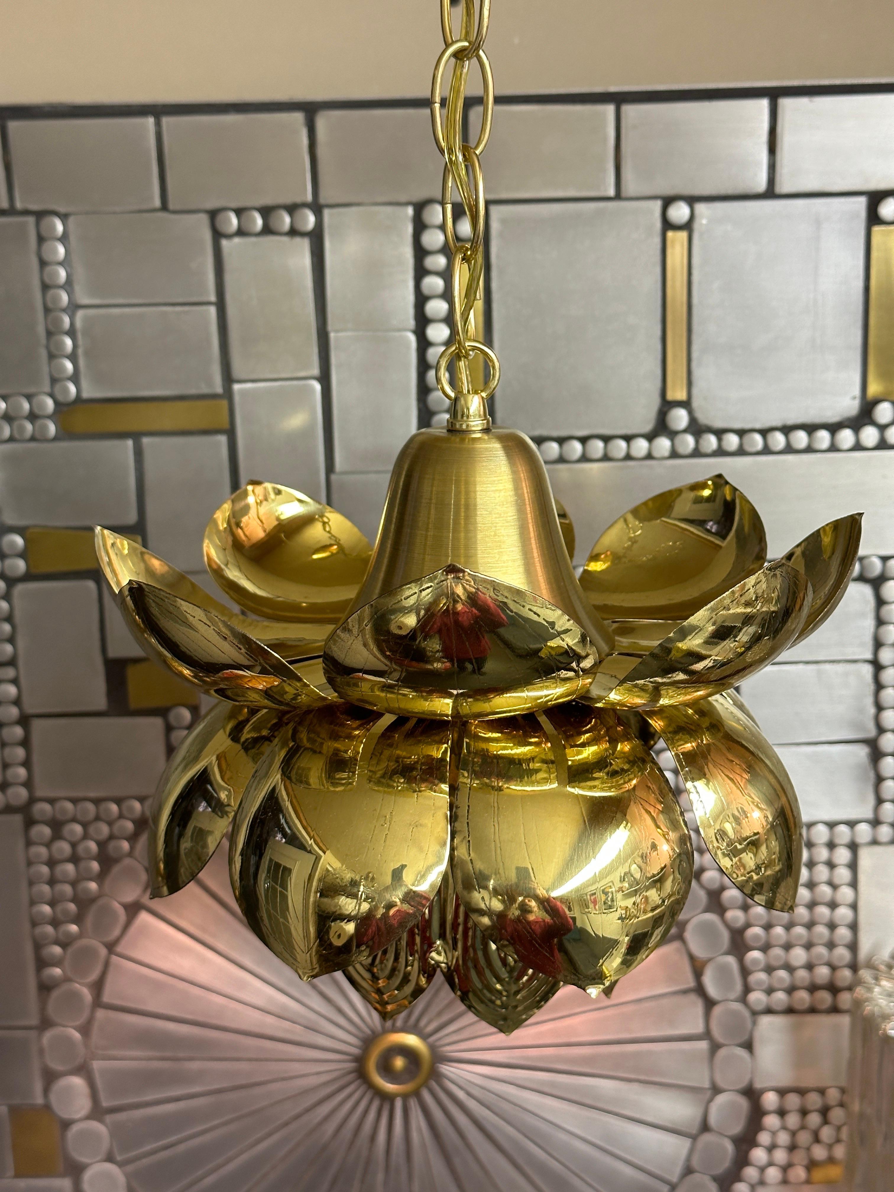 Hollywood Regency Polished Brass Lotus Light by Feldman For Sale