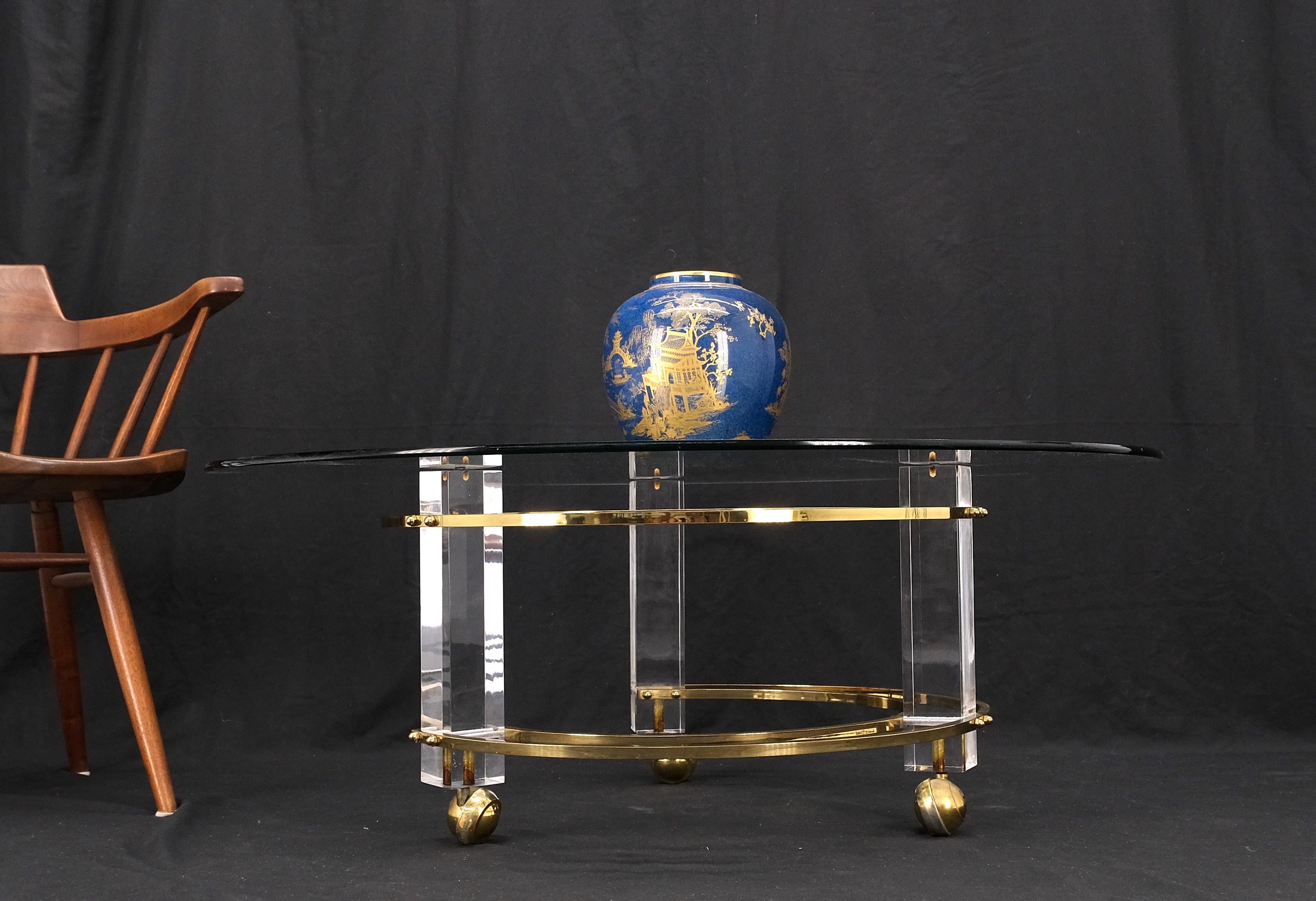 Polished Brass & Lucite Base Round Midcentury Coffee Table on Wheels Mint! For Sale 2