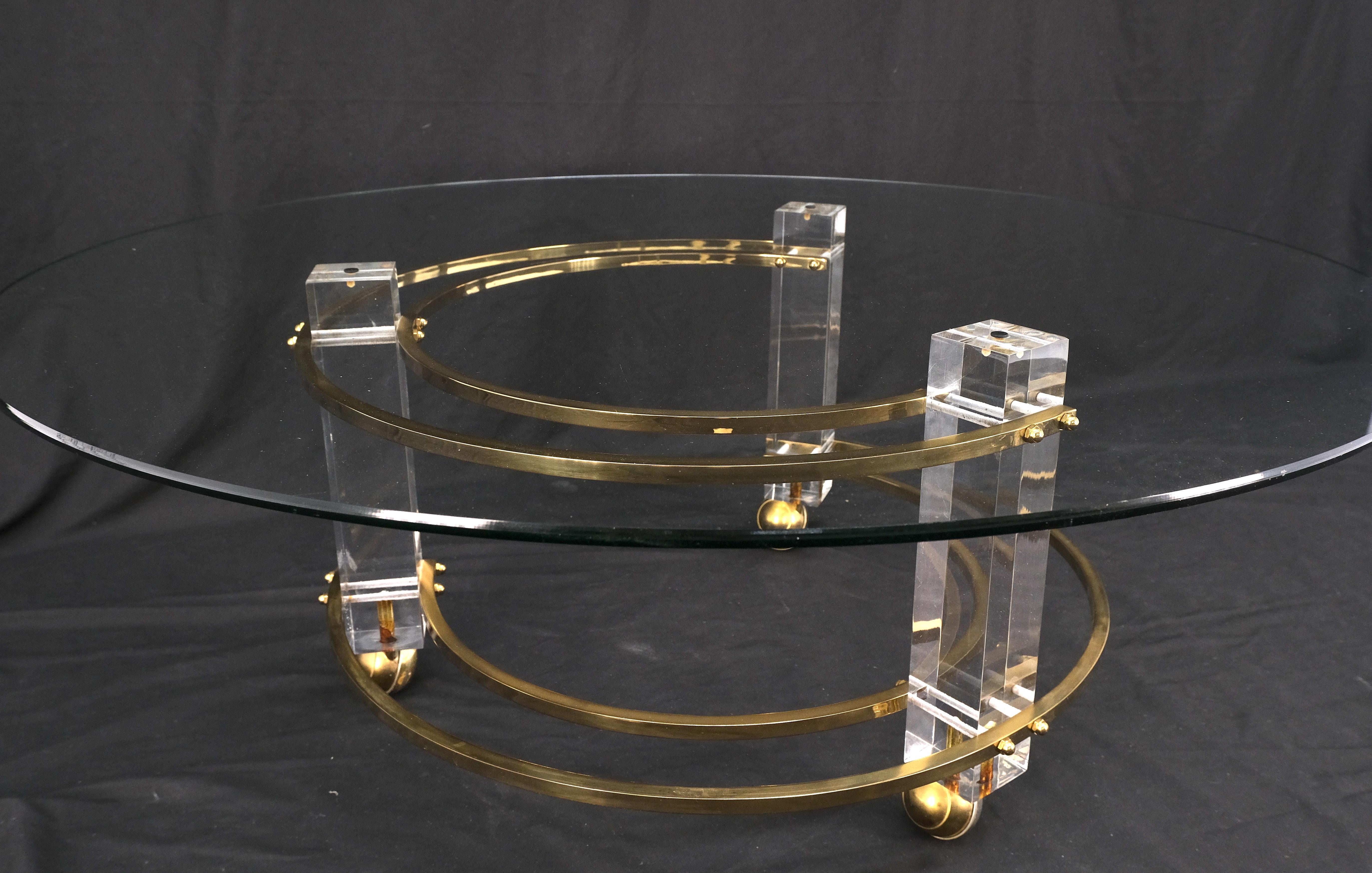 Polished Brass & Lucite Base Round Midcentury Coffee Table on Wheels Mint! For Sale 3