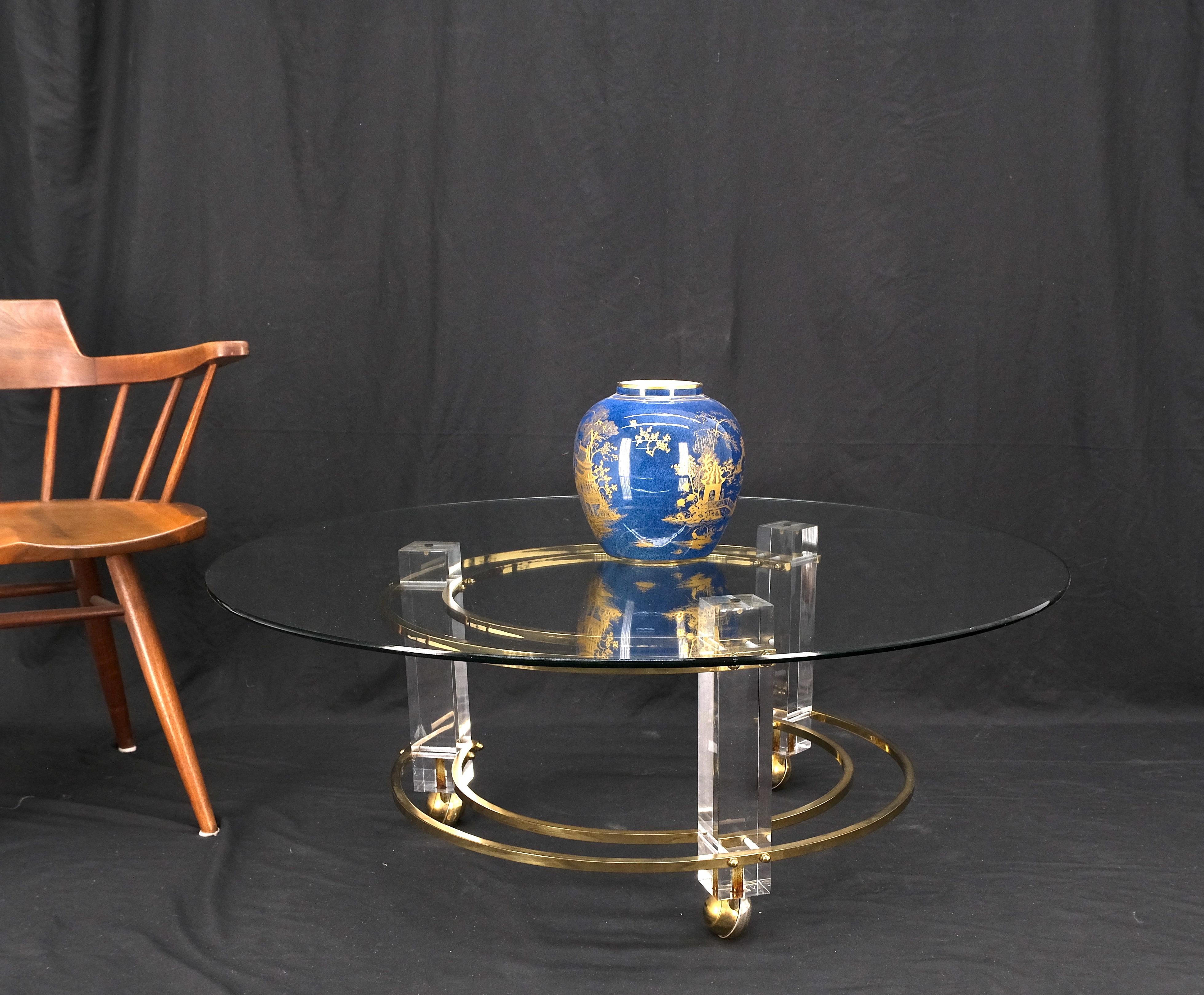 Polished Brass & Lucite Base Round Midcentury Coffee Table on Wheels Mint! For Sale 4