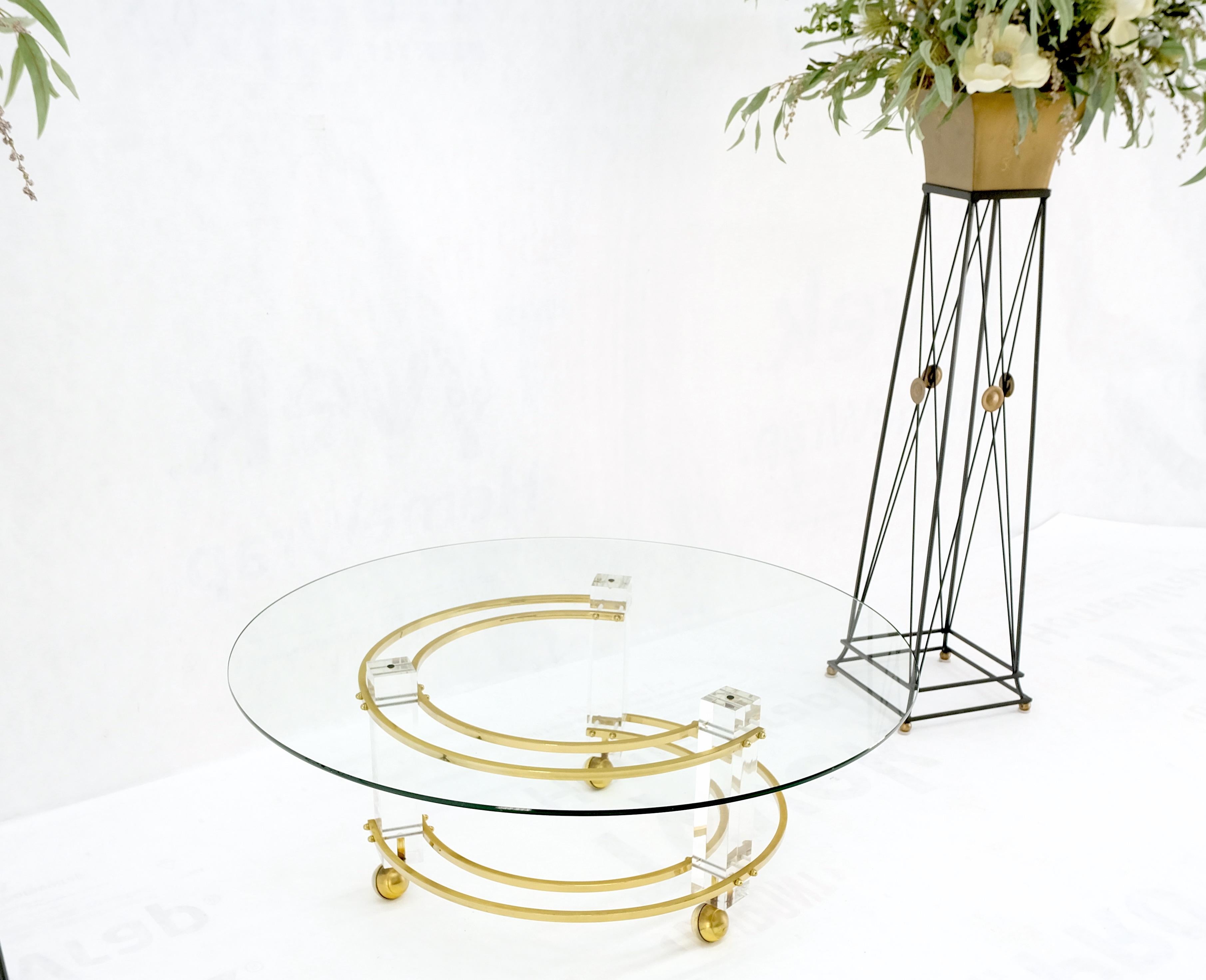 Polished Brass & Lucite Base Round Midcentury Coffee Table on Wheels Mint! For Sale 5