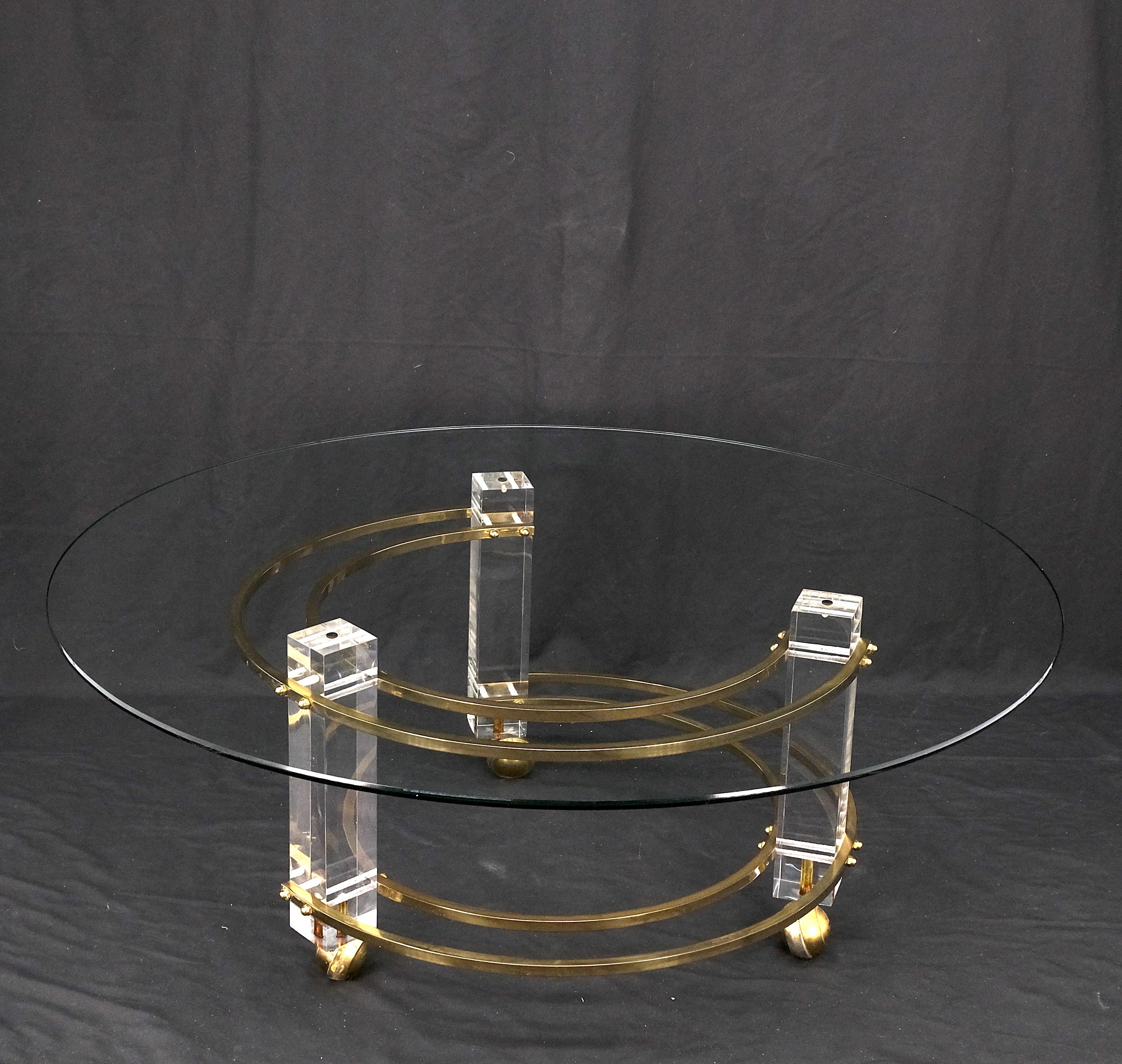 Polished Brass & Lucite Base Round Midcentury Coffee Table on Wheels Mint! For Sale 6