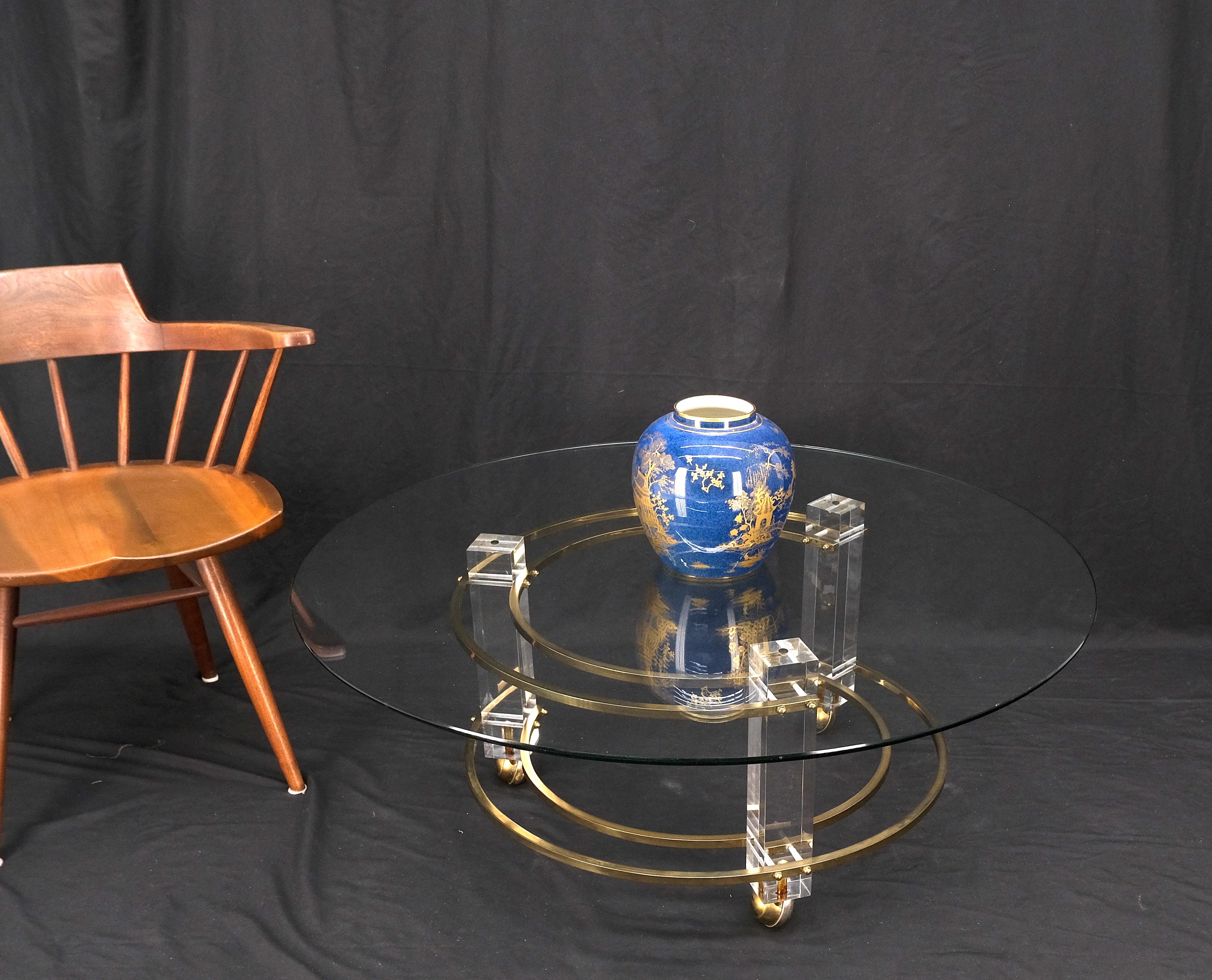 Mid-Century Modern Polished Brass & Lucite Base Round Midcentury Coffee Table on Wheels Mint! For Sale