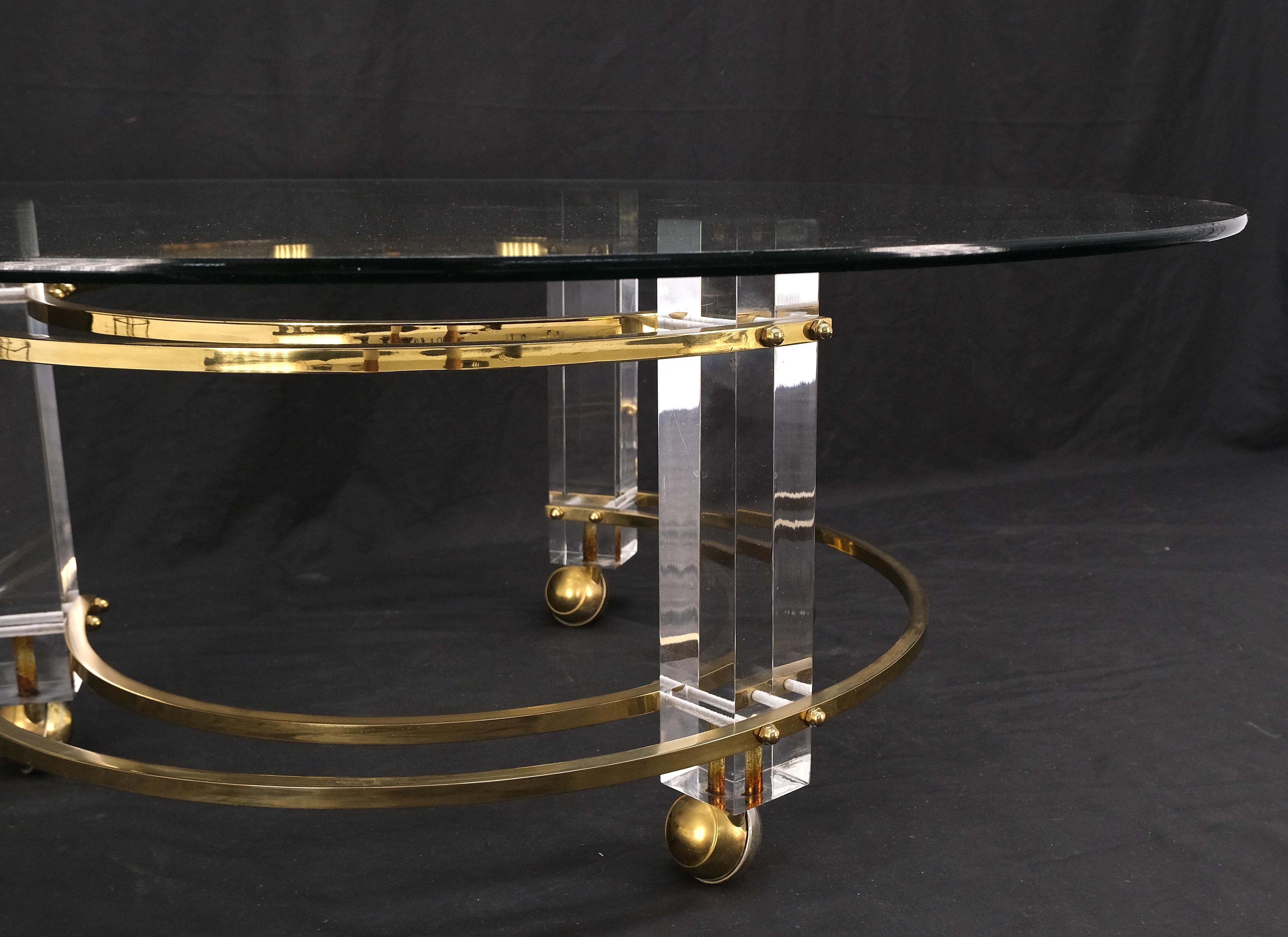 American Polished Brass & Lucite Base Round Midcentury Coffee Table on Wheels Mint! For Sale