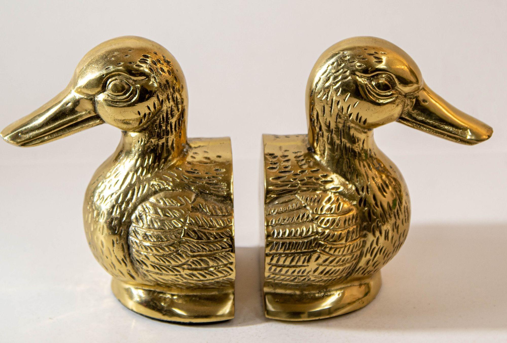 20th Century Polished Brass Mallard Duck Head Bookends Sarreid Ltd Style 1940s a Pair
