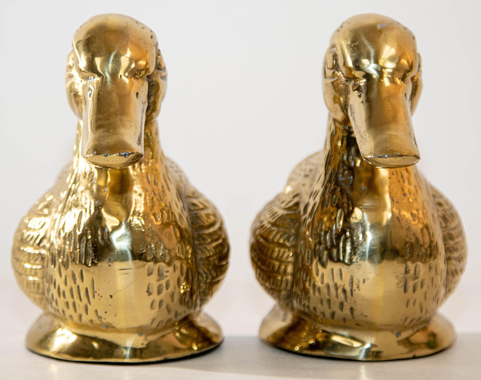 Hollywood Regency Polished Brass Mallard Duck Head Bookends Sarreid Ltd Style 1940s a Pair