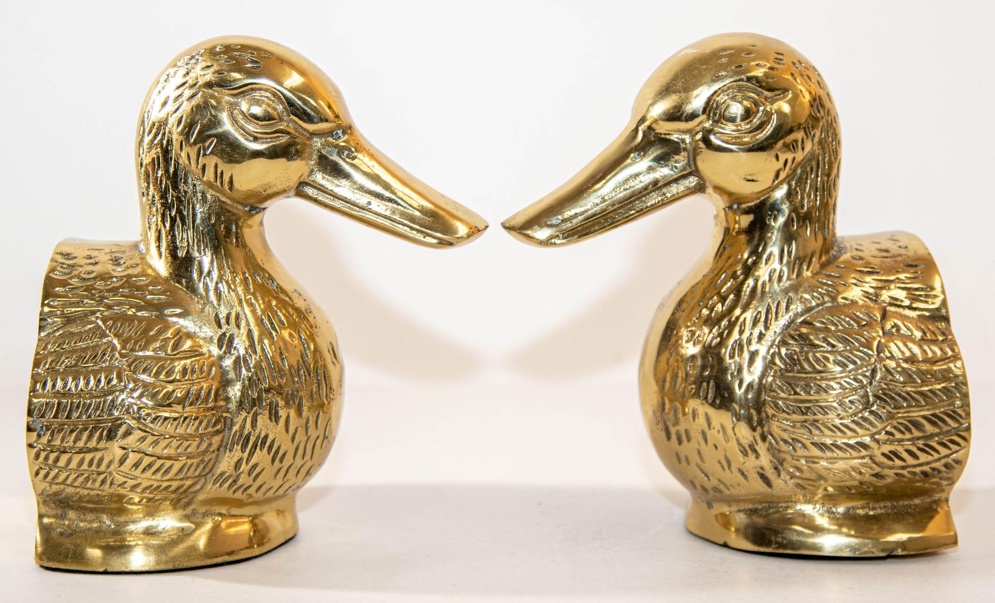 American Polished Brass Mallard Duck Head Bookends Sarreid Ltd Style 1940s a Pair