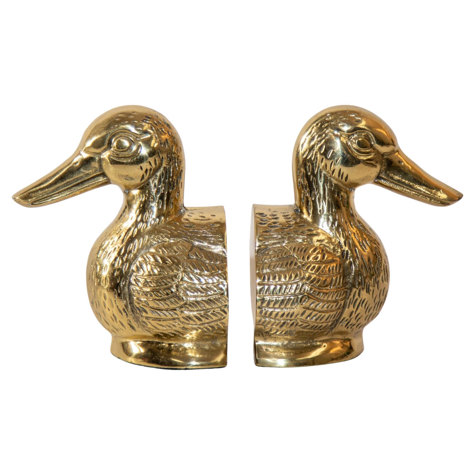 Polished Brass Mallard Duck Head Bookends Sarreid Ltd Style 1940s a Pair