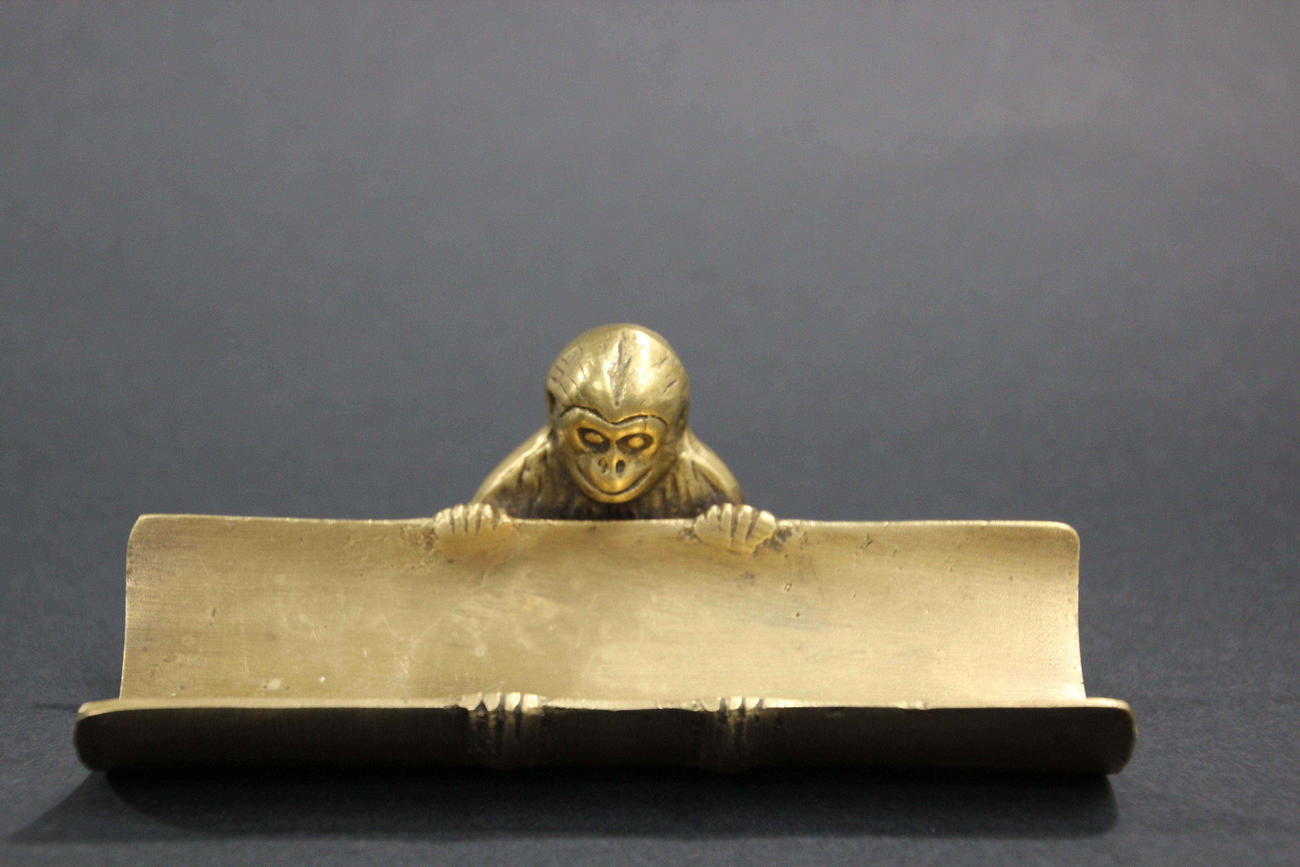 Polished Brass Monkey Paperweight Pen Tray Card Holder In Good Condition In North Hollywood, CA
