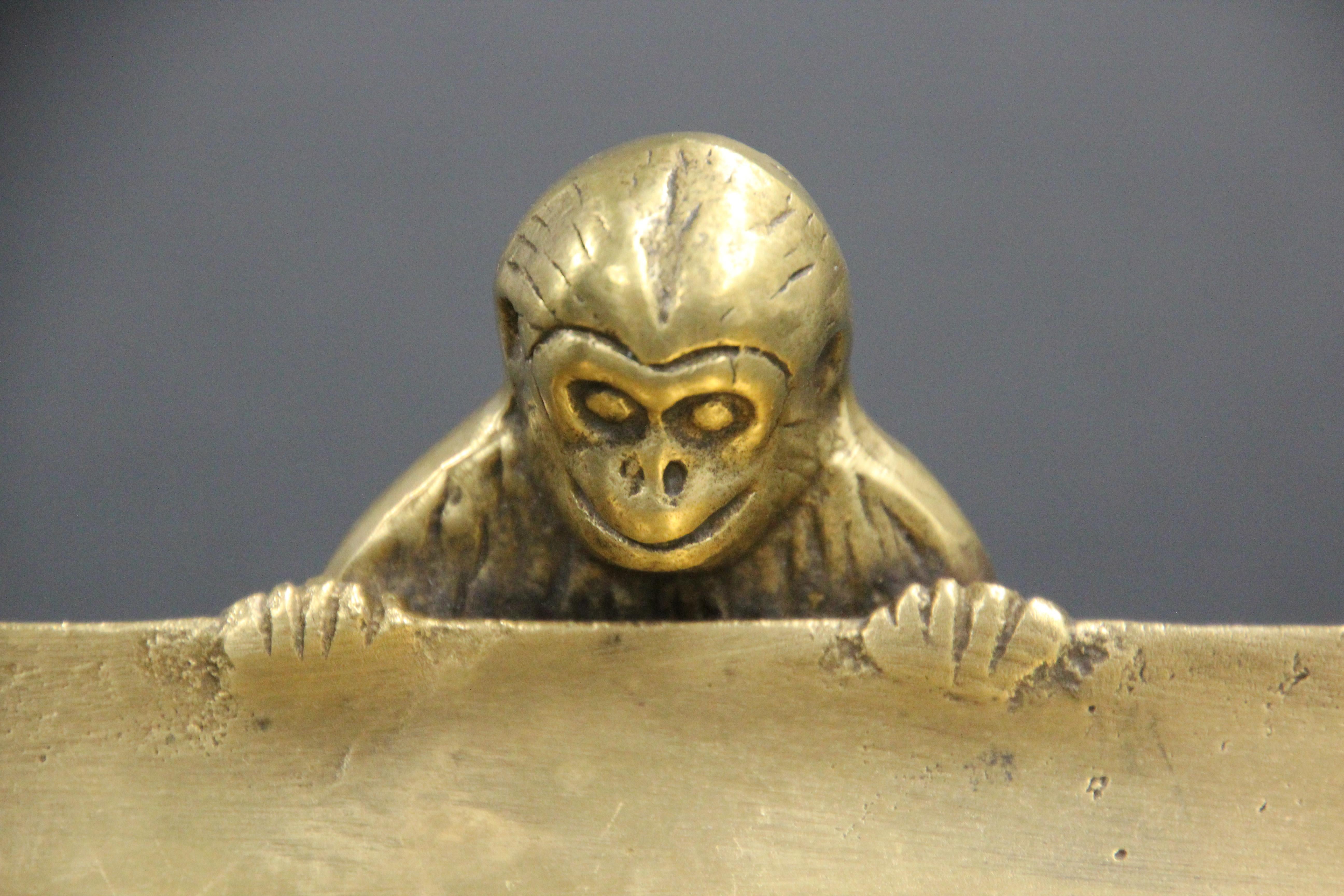 20th Century Polished Brass Monkey Paperweight Pen Tray Card Holder